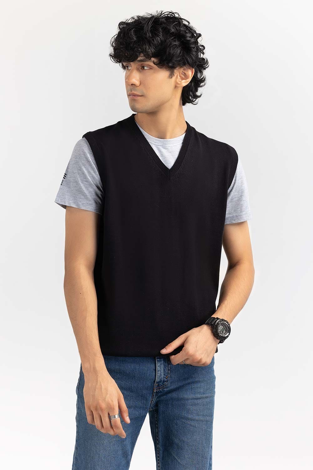 Black Basic V Neck Sleeveless Sweater SWT-BSLVN-22-009