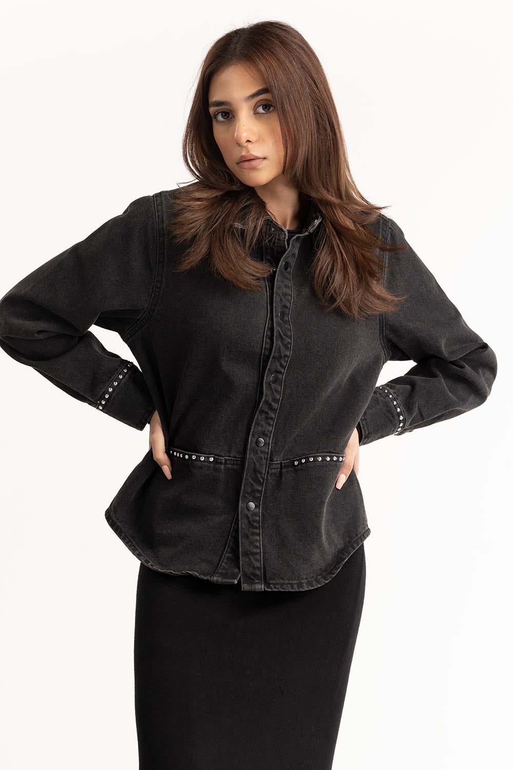 Black Charcoal Denim Button Down Shirt 224-217-018