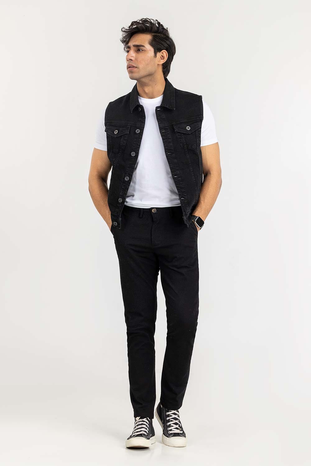 Black Denim Sleeve Less Jacket JKT-WVST22-036