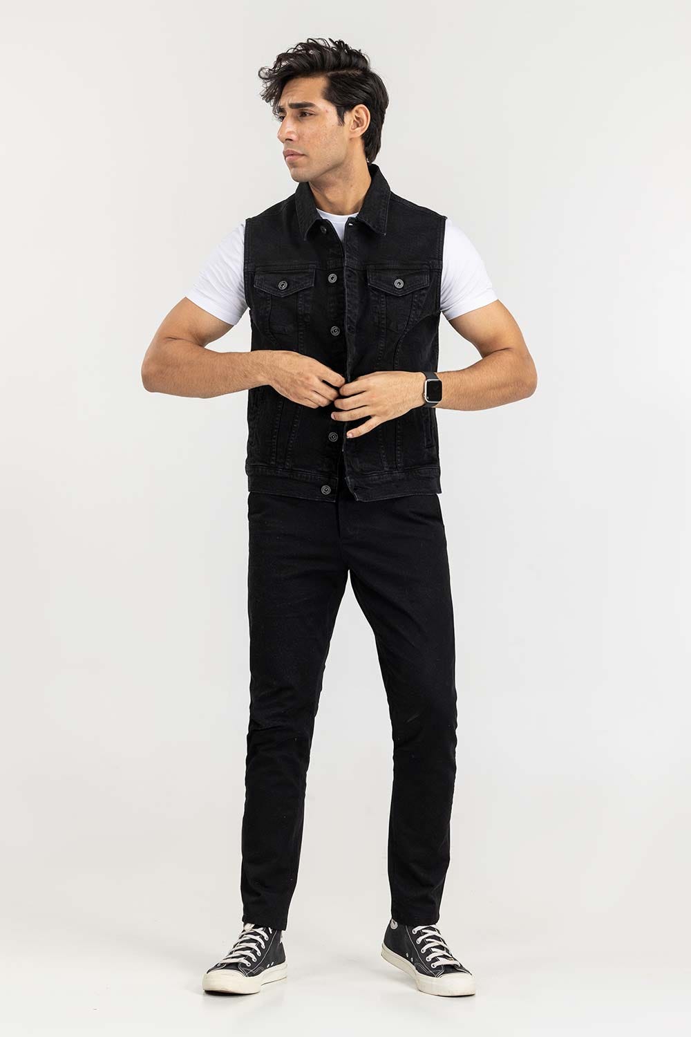 Black Denim Sleeve Less Jacket JKT-WVST22-036