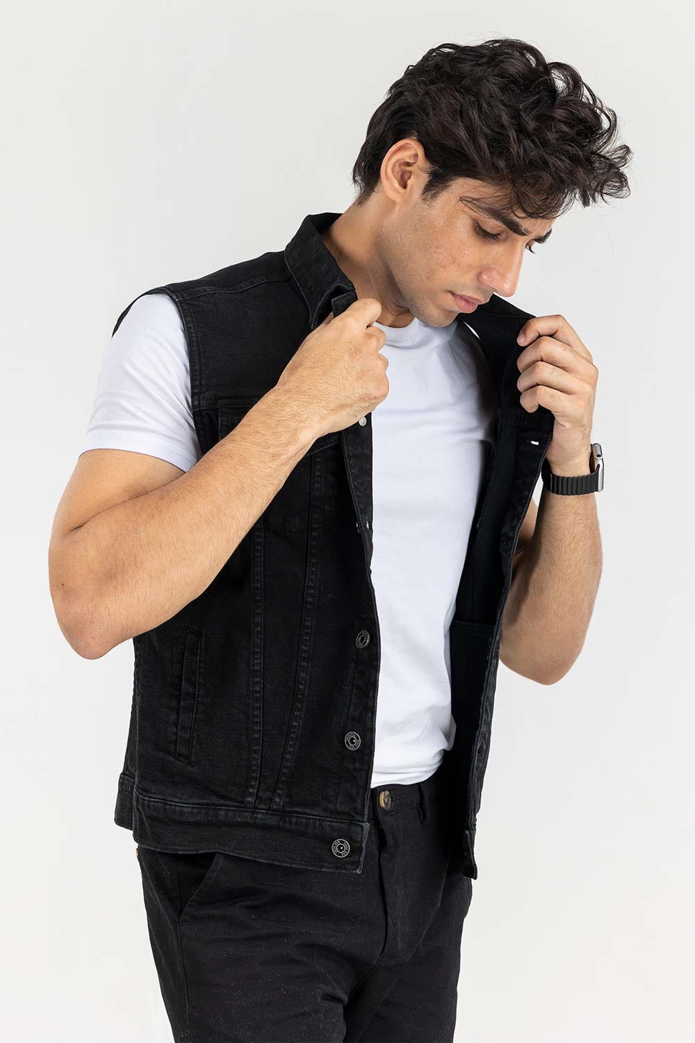 Black Denim Sleeve Less Jacket JKT-WVST22-036