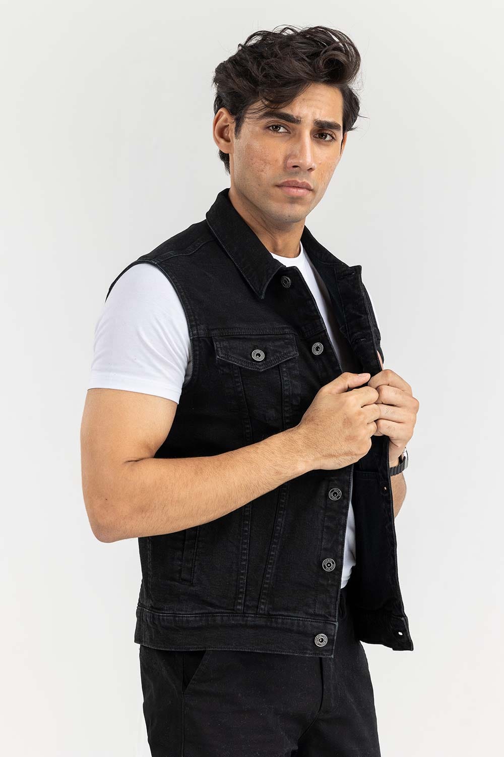 Black Denim Sleeve Less Jacket JKT-WVST22-036