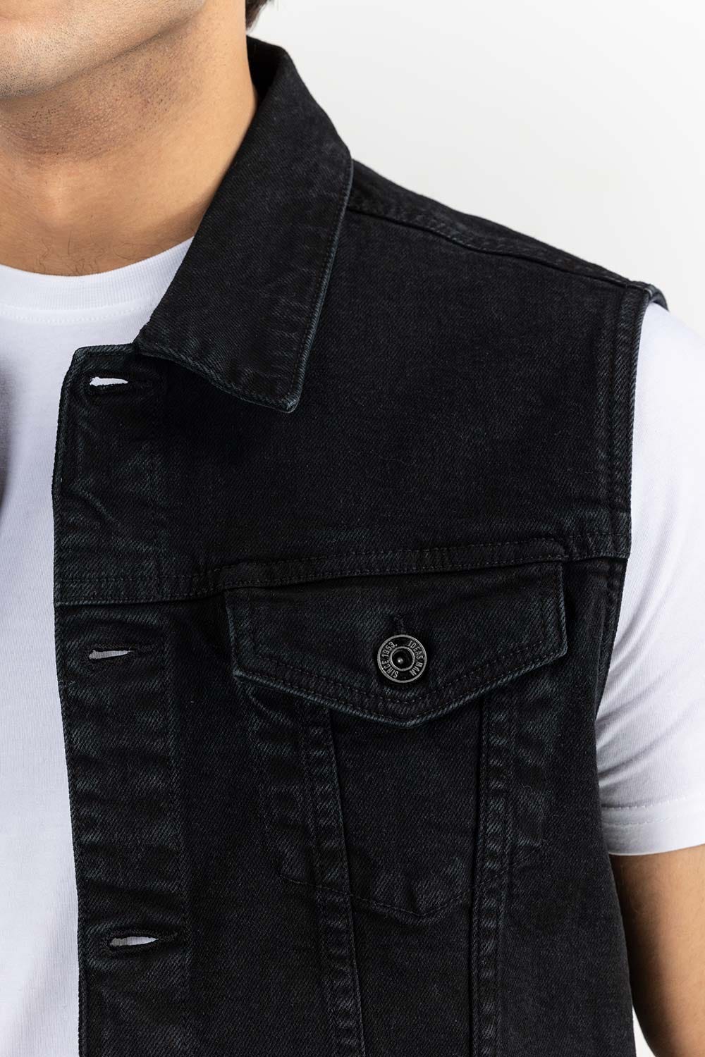 Black Denim Sleeve Less Jacket JKT-WVST22-036