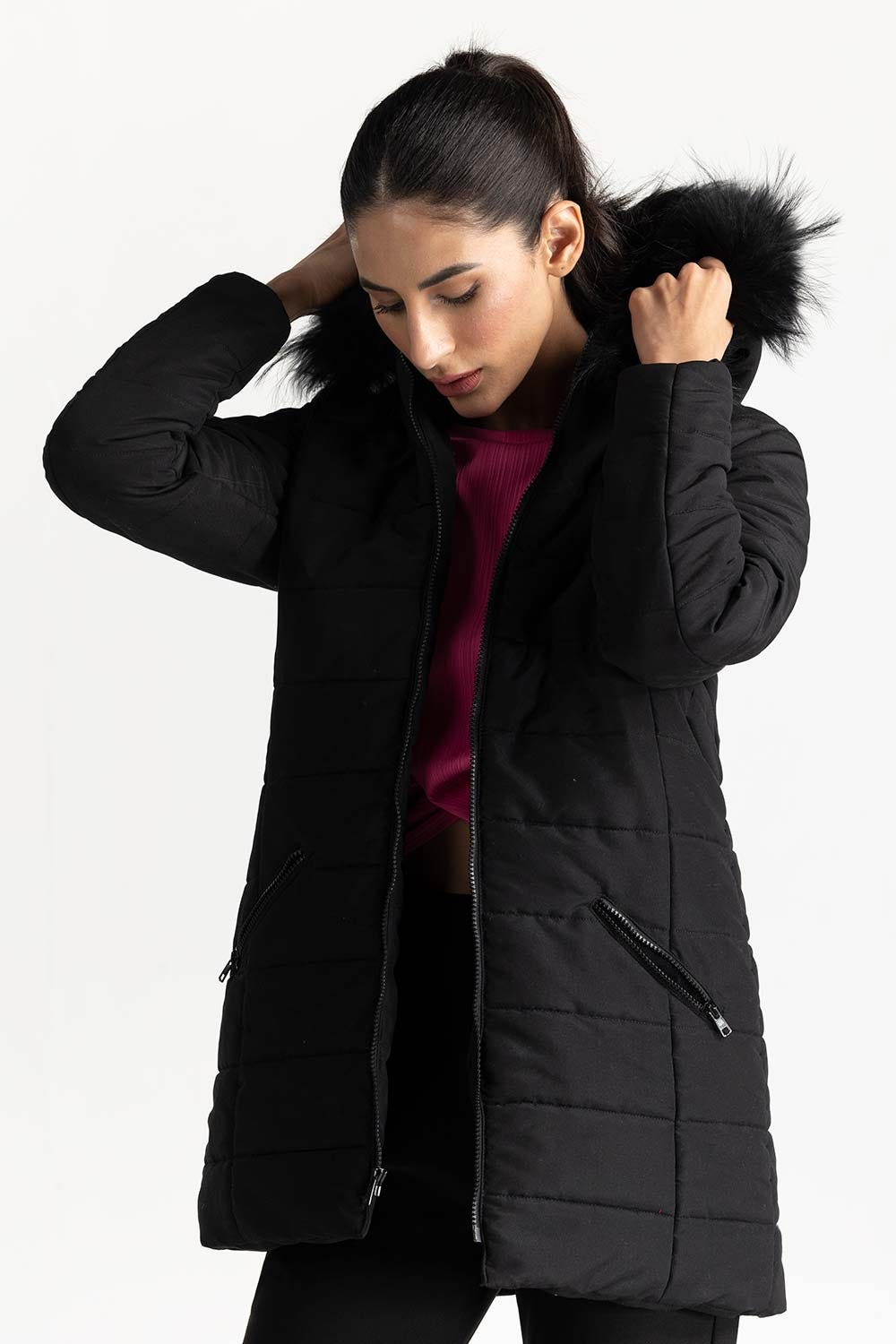 Black Detachable Hoodie Puffer Jacket 224-210-081