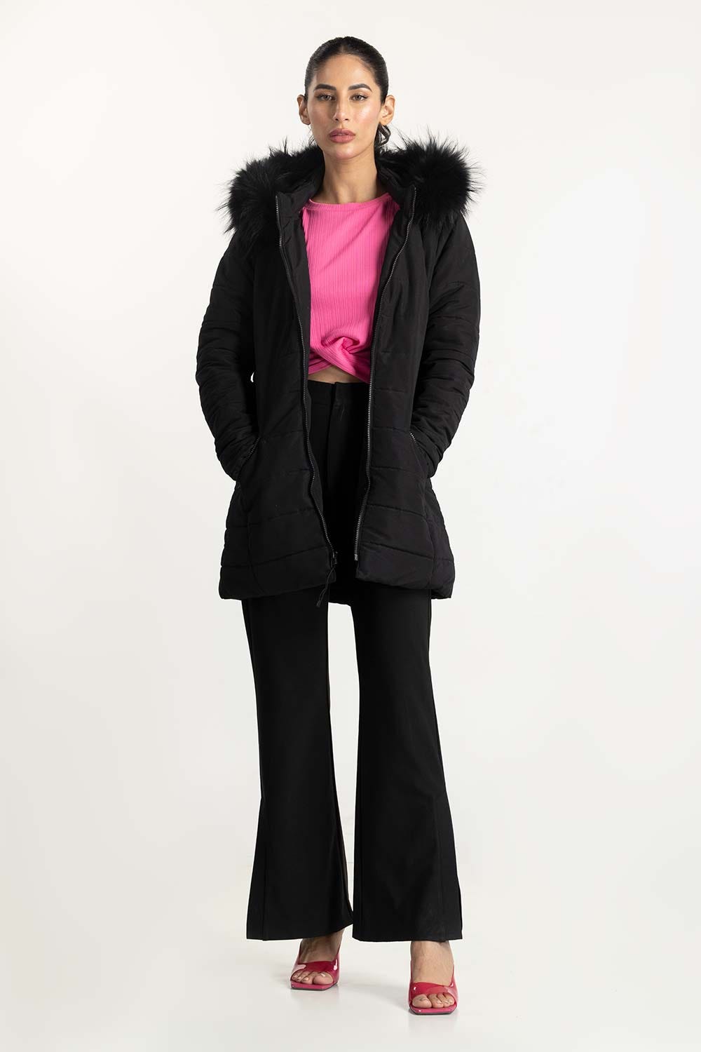 Black Detachable Hoodie Puffer Jacket 224-210-081