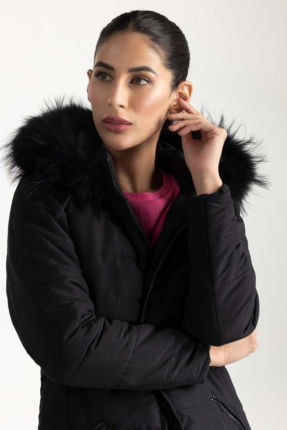 Black Detachable Hoodie Puffer Jacket 224-210-081
