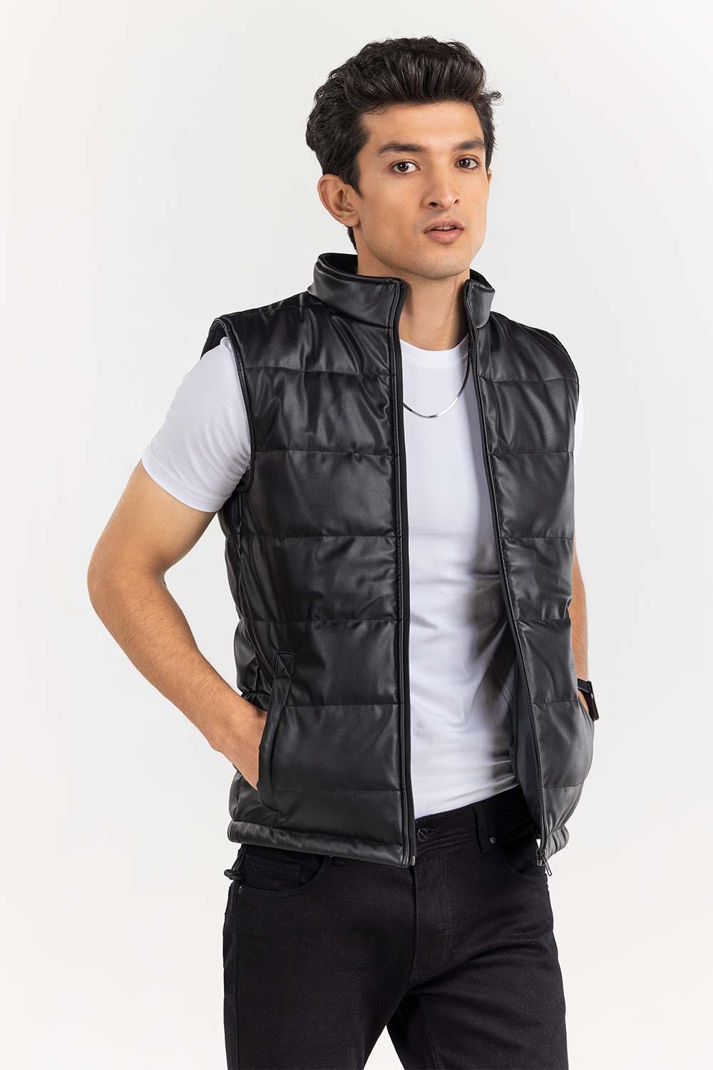 Black Faux leather Gilet JKT-PUVST22-027