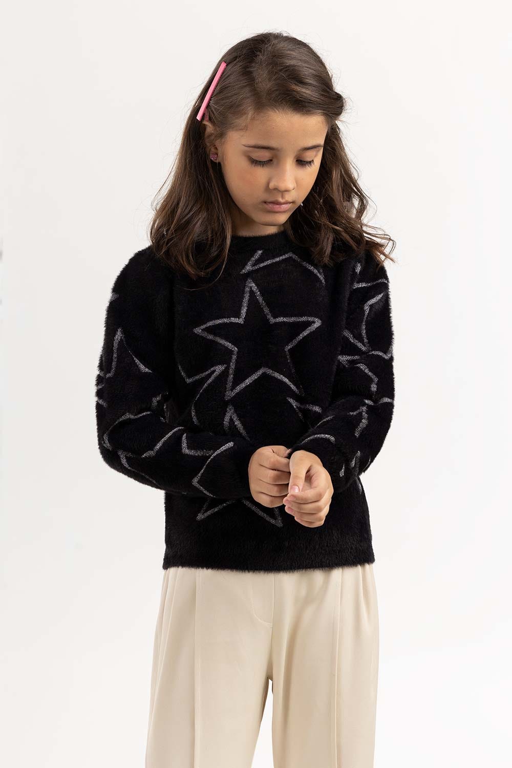 Junior Girl Black Jacquard Knit Sweater With Round Neck 224-411-047