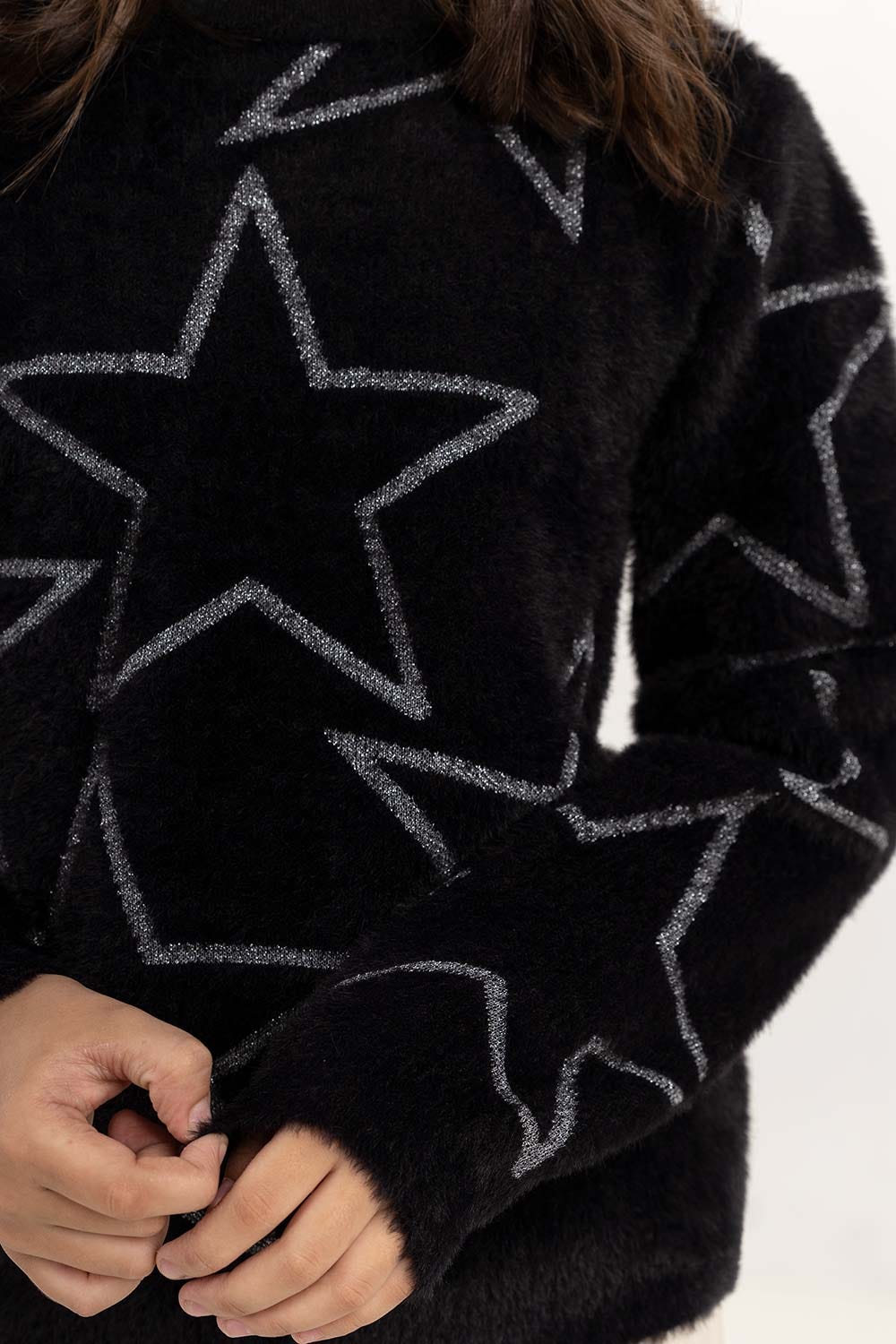 Junior Girl Black Jacquard Knit Sweater With Round Neck 224-411-047