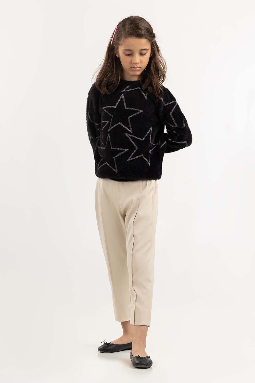 Junior Girl Black Jacquard Knit Sweater With Round Neck 224-411-047