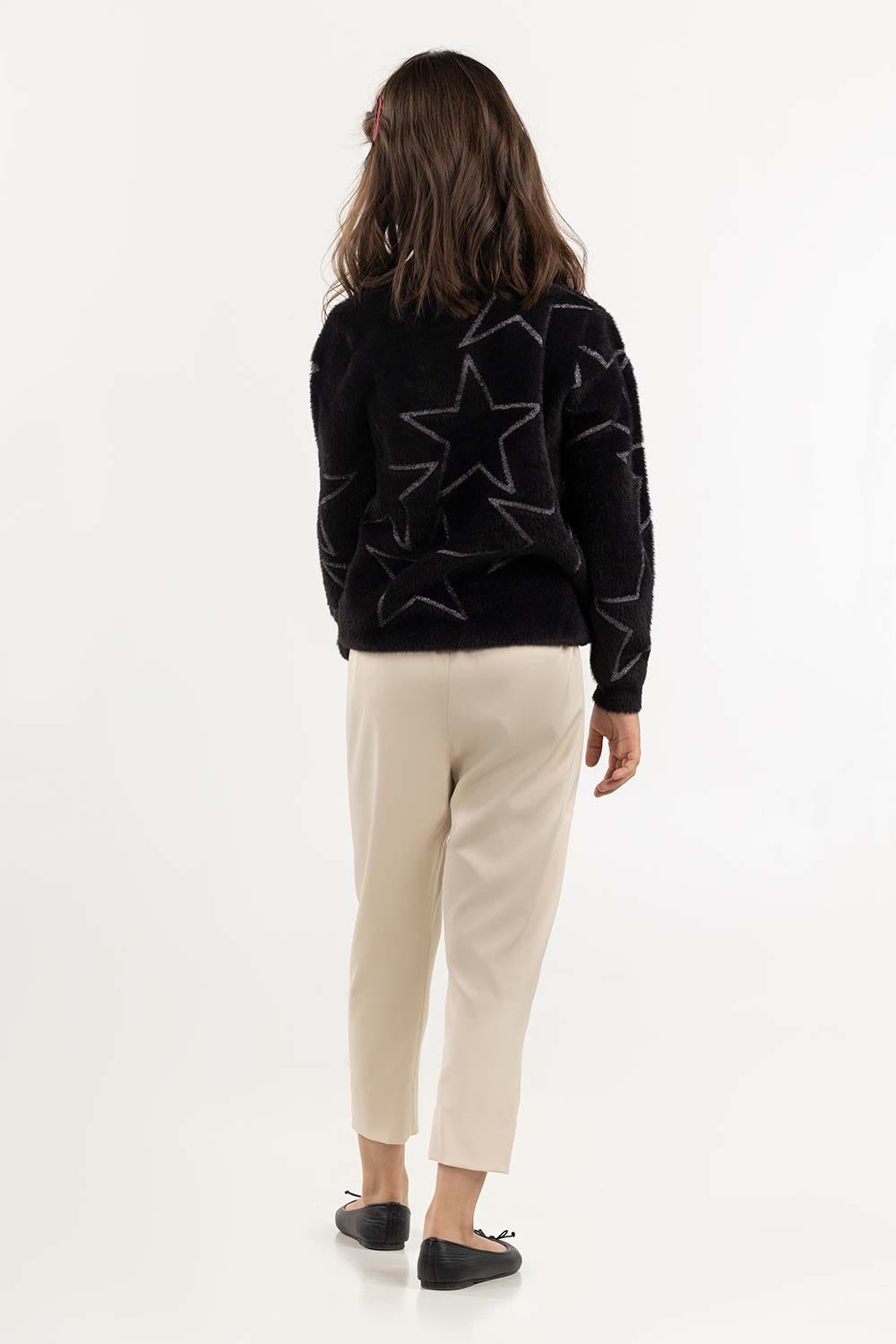 Junior Girl Black Jacquard Knit Sweater With Round Neck 224-411-047