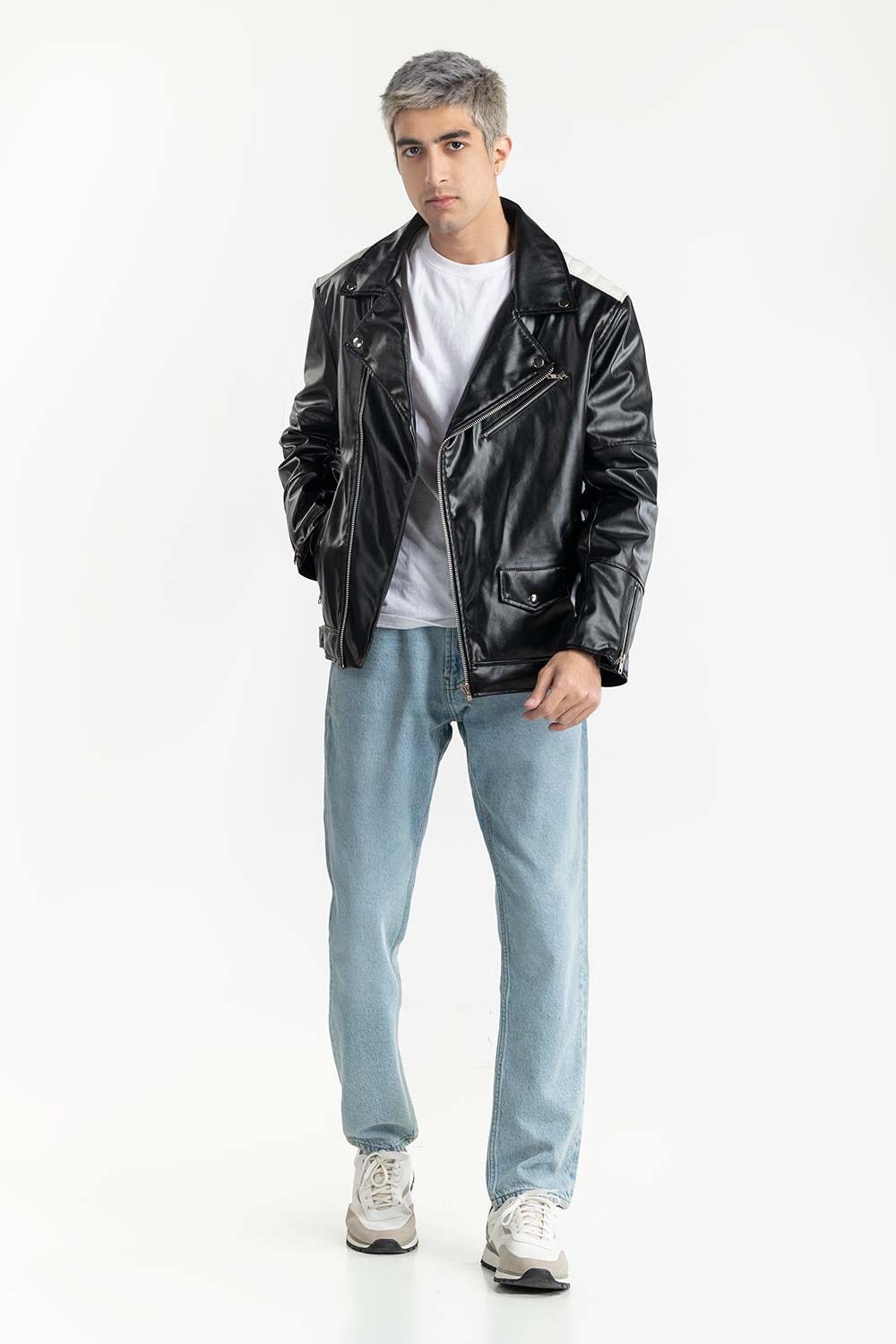 Black Leather Biker Jacket 224-110-008