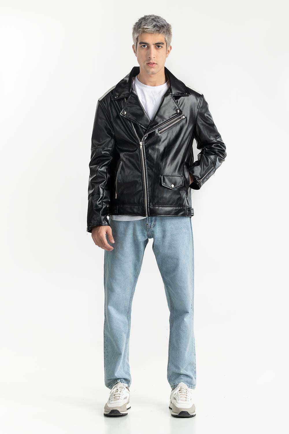 Black Leather Biker Jacket 224-110-008
