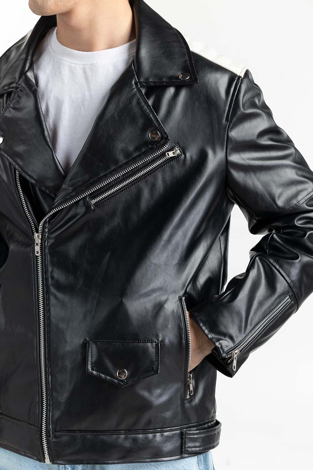 Black Leather Biker Jacket 224-110-008