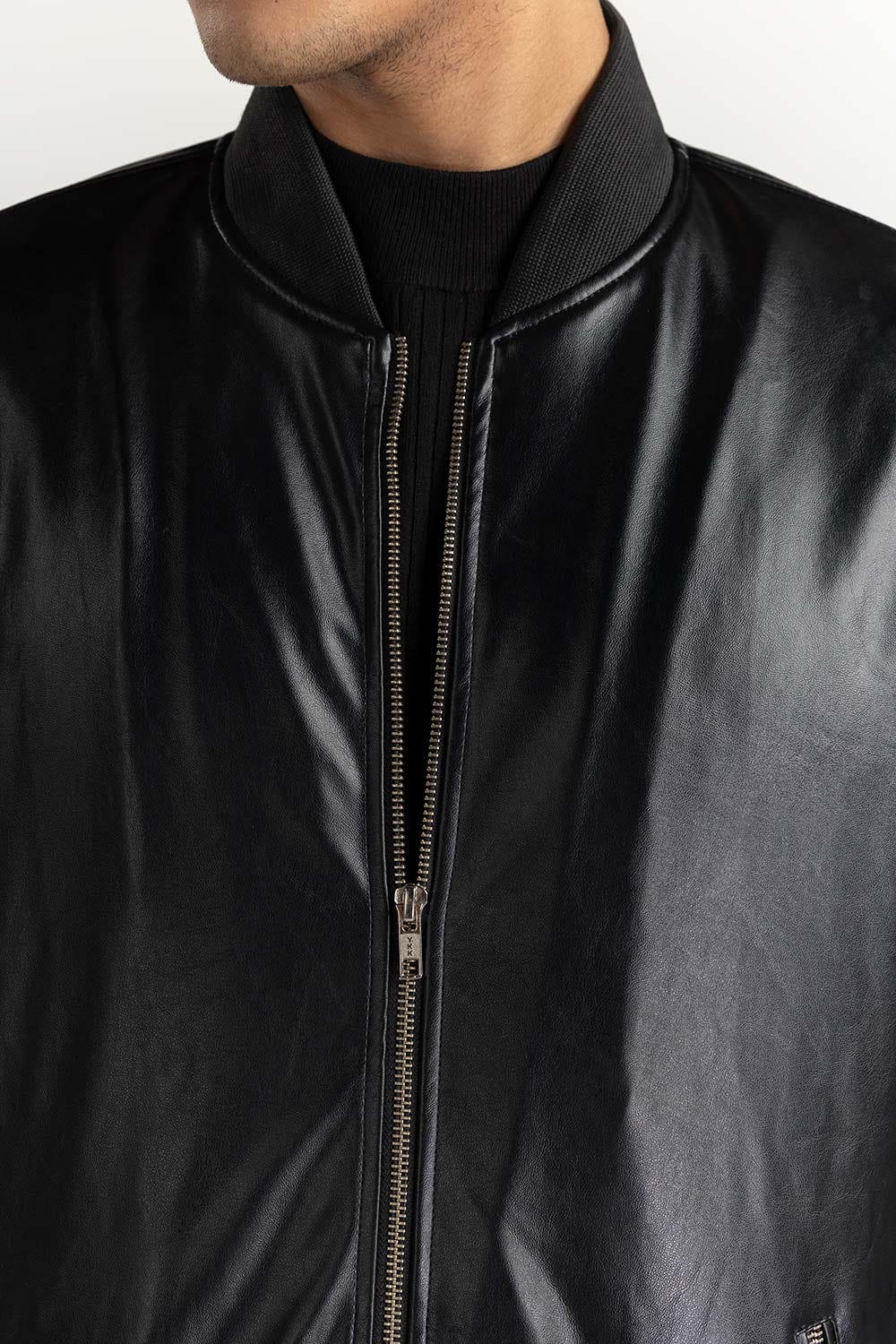 Black Leather Bomber Jacket  224-110-001