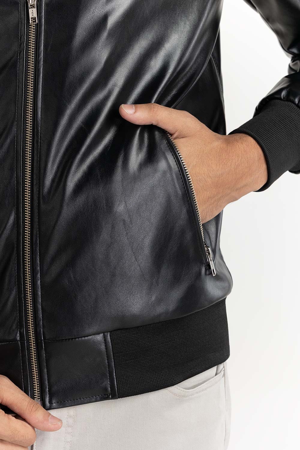 Black Leather Bomber Jacket  224-110-001
