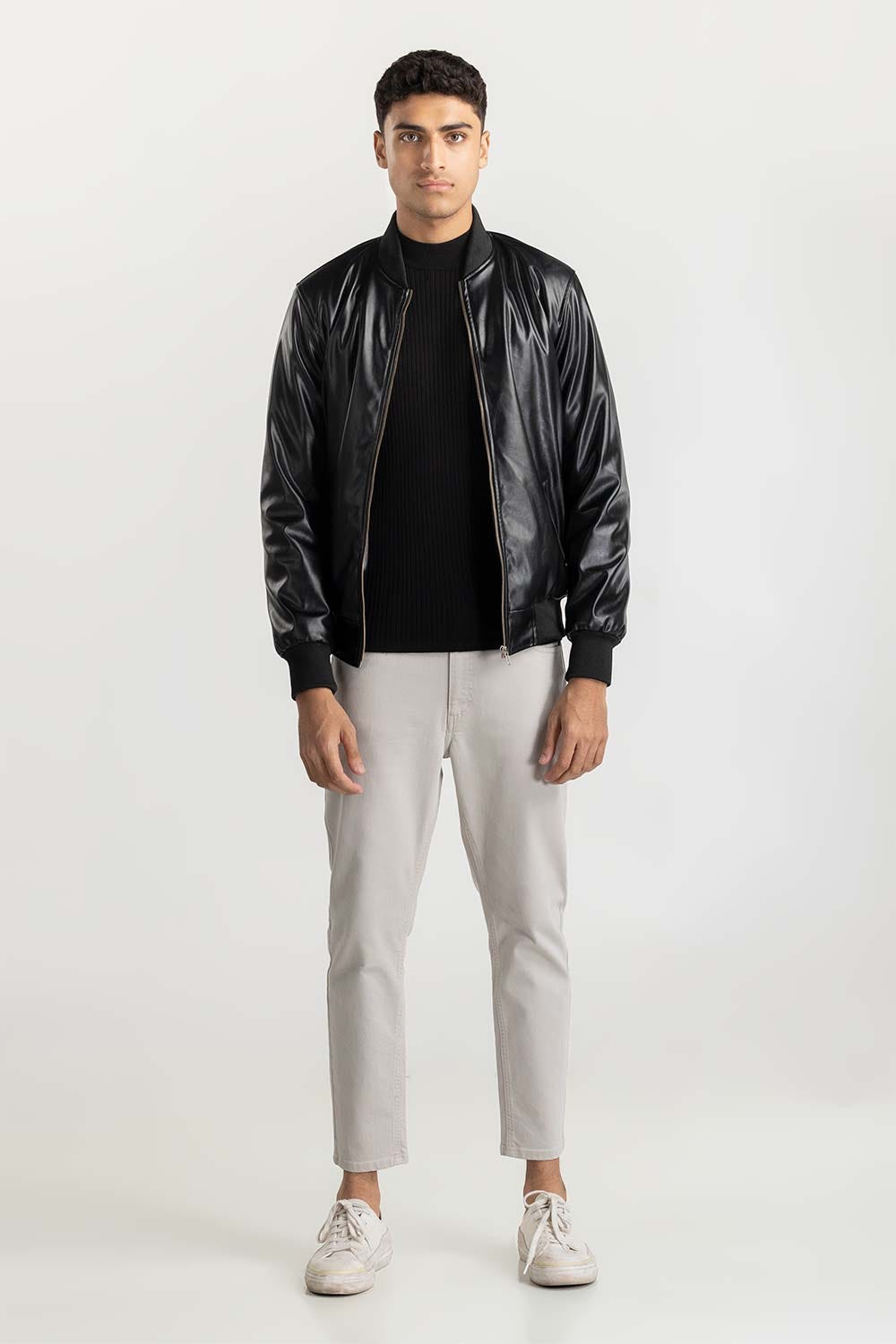 Black Leather Bomber Jacket  224-110-001