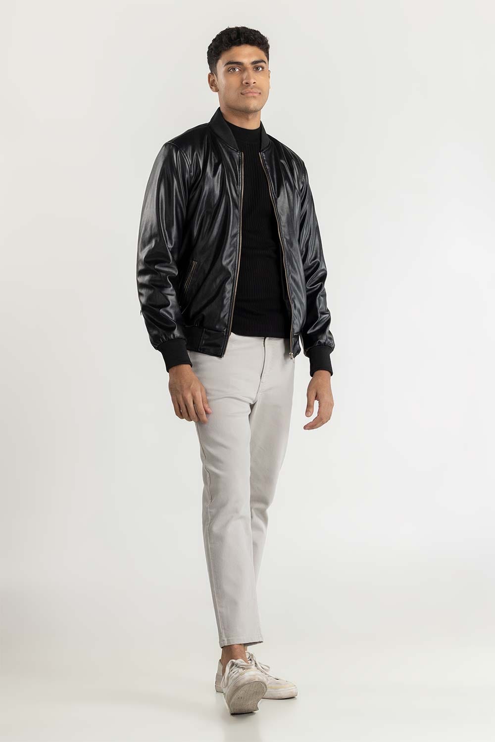 Black Leather Bomber Jacket  224-110-001