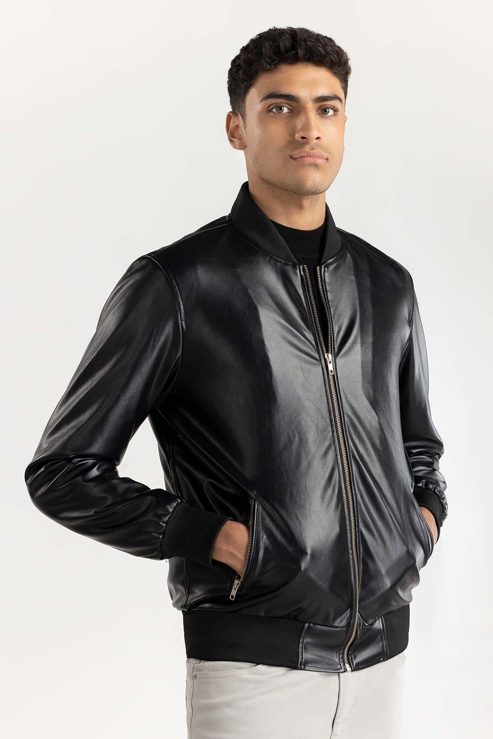 Black Leather Bomber Jacket  224-110-001