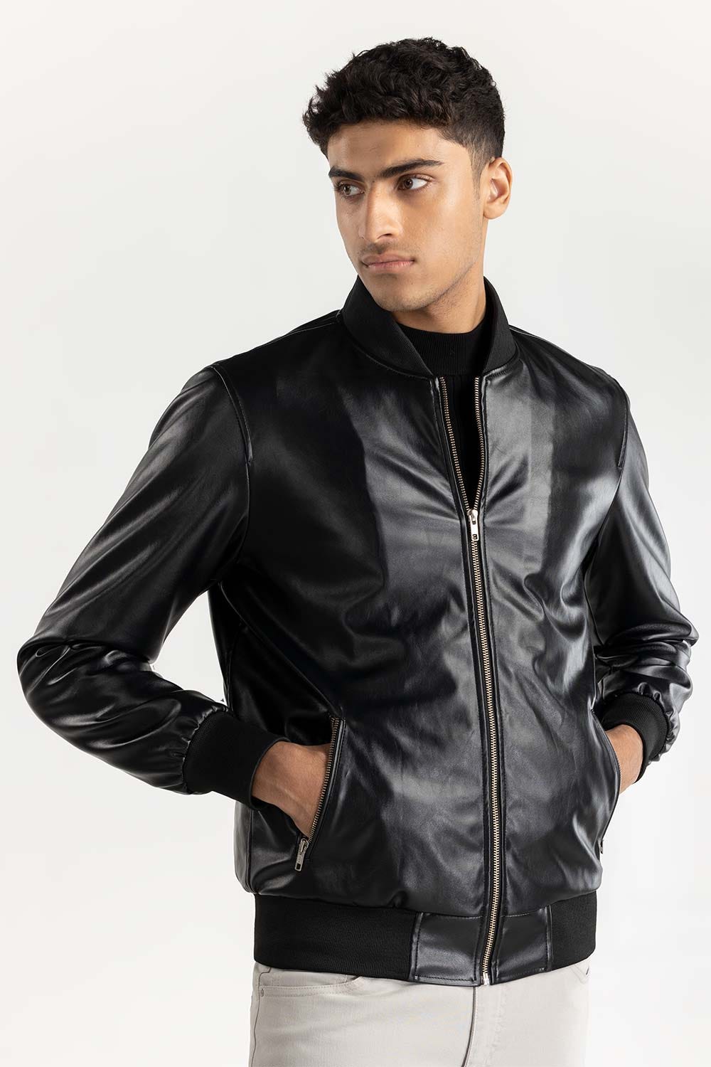 Black Leather Bomber Jacket  224-110-001