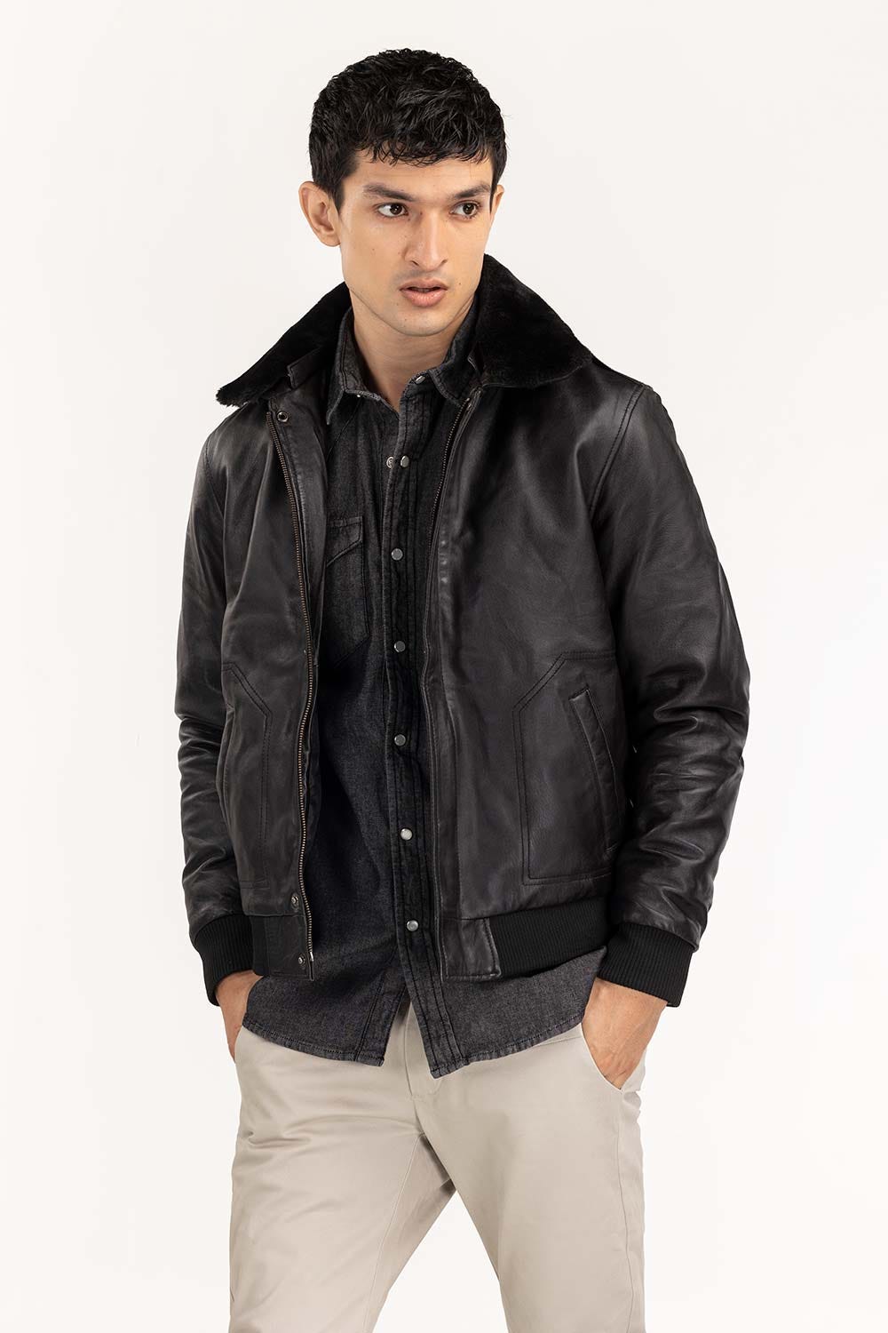 Black Leather Flight Jacket JKT-LTH22-003