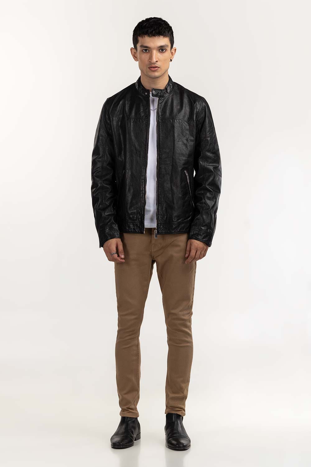 Black Leather Moto Racer Jacket JKT-LTH22-049