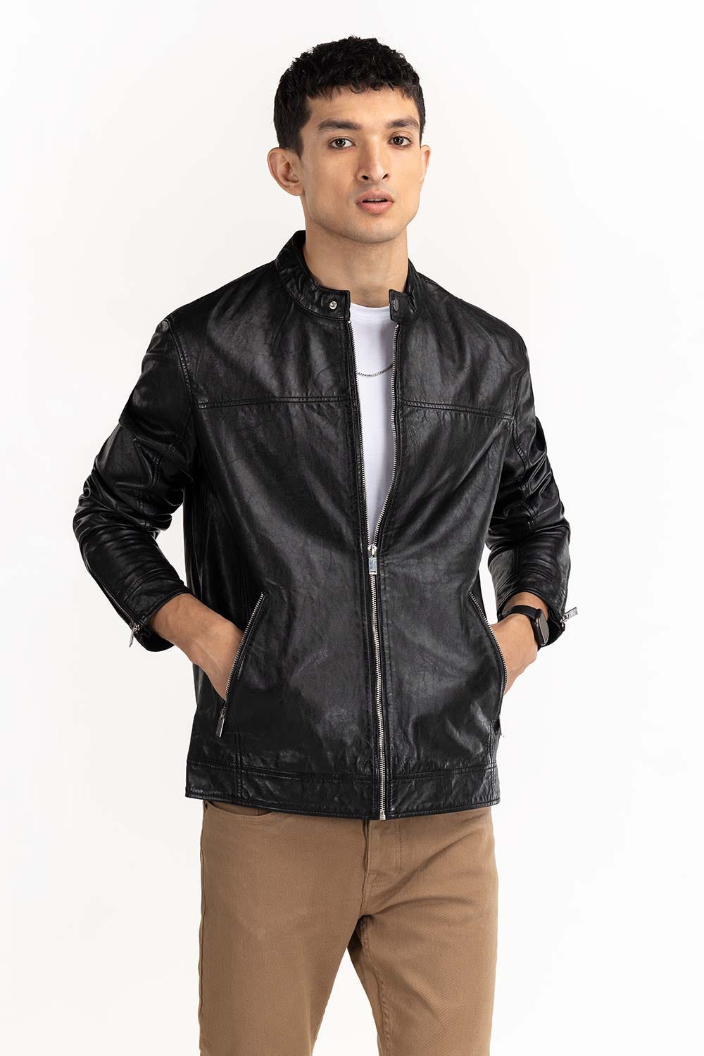 Black Leather Moto Racer Jacket JKT-LTH22-049