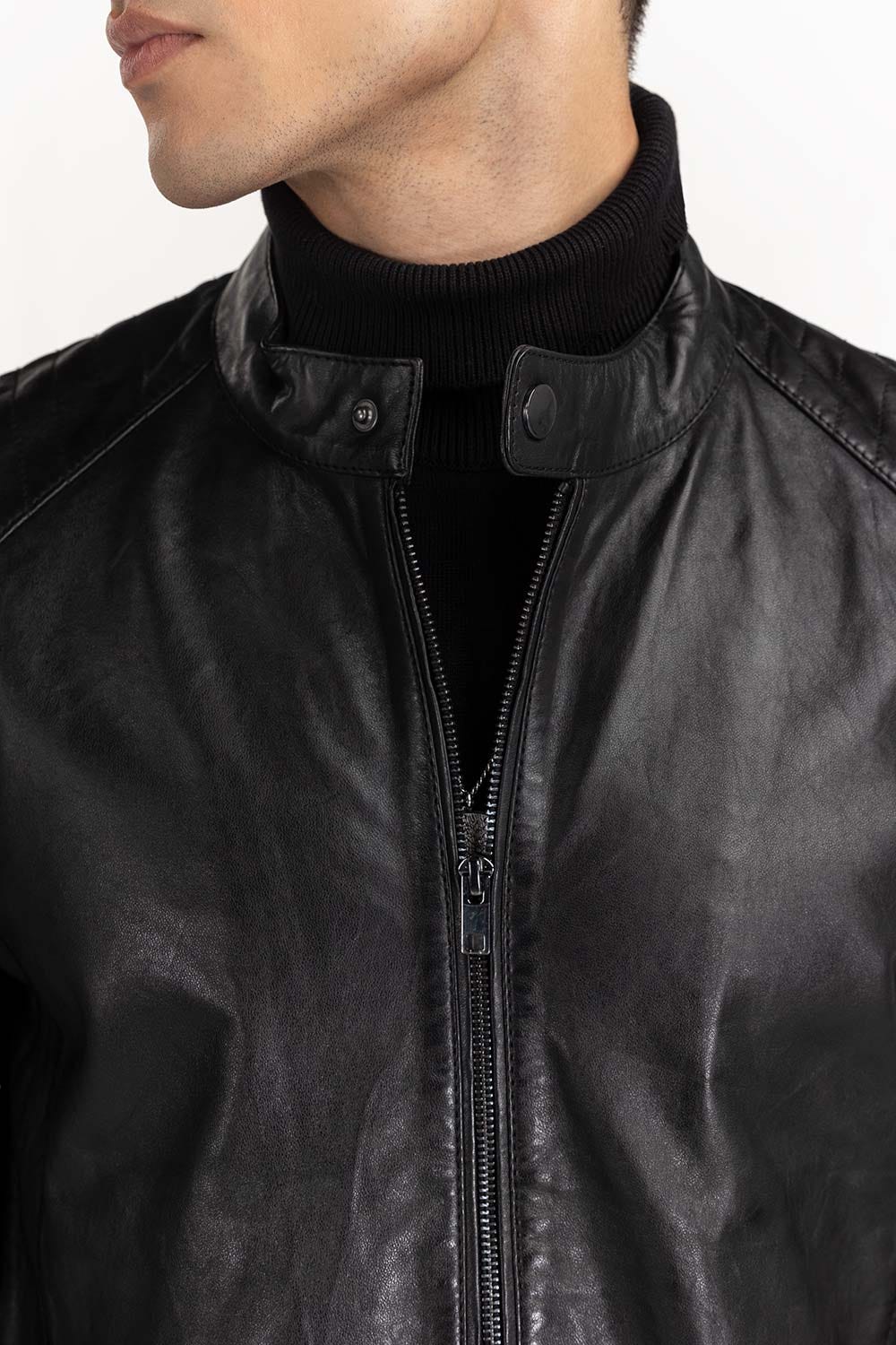 Black Leather Moto Racer Jacket JKT-LTH22-054