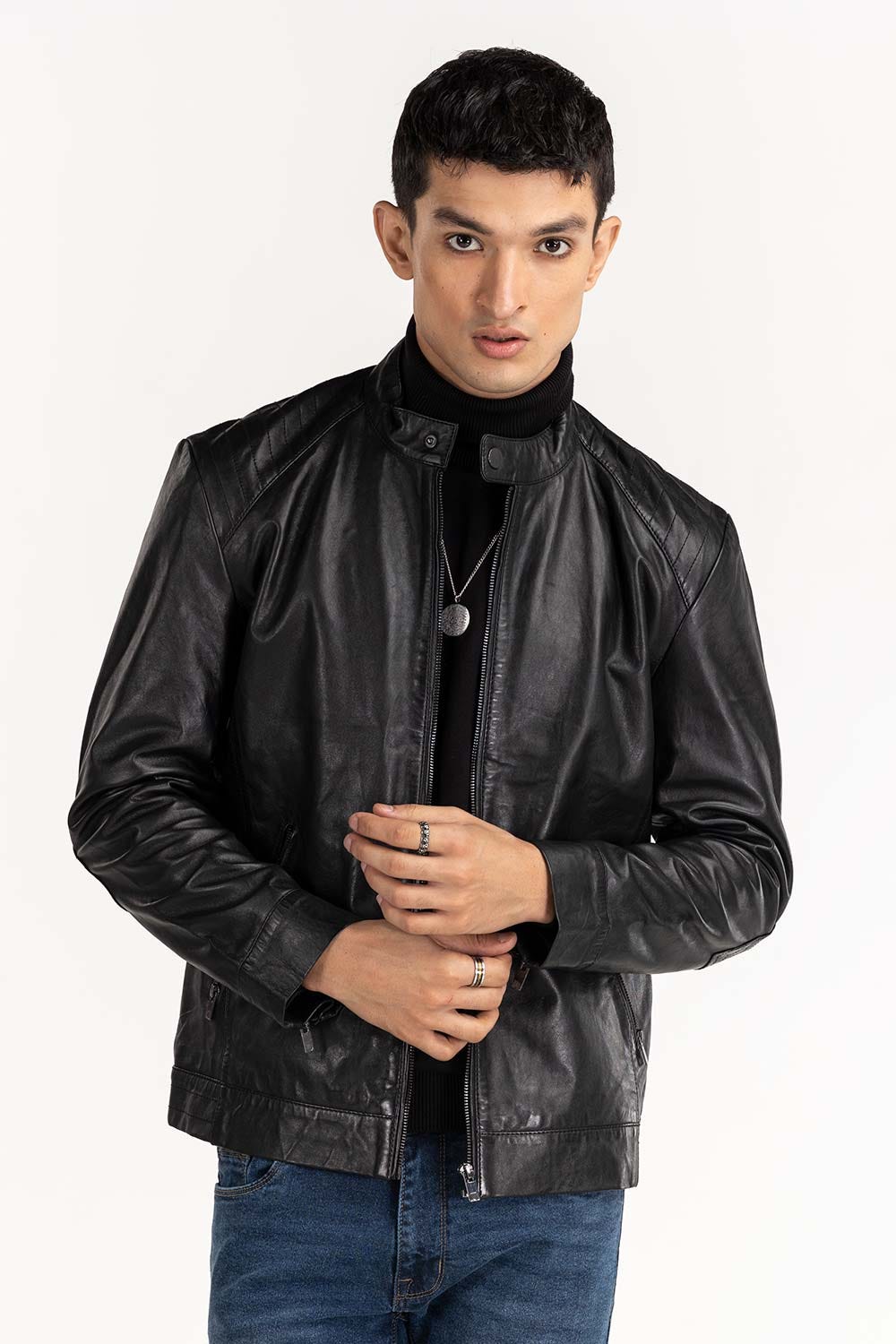 Black Leather Moto Racer Jacket JKT-LTH22-054