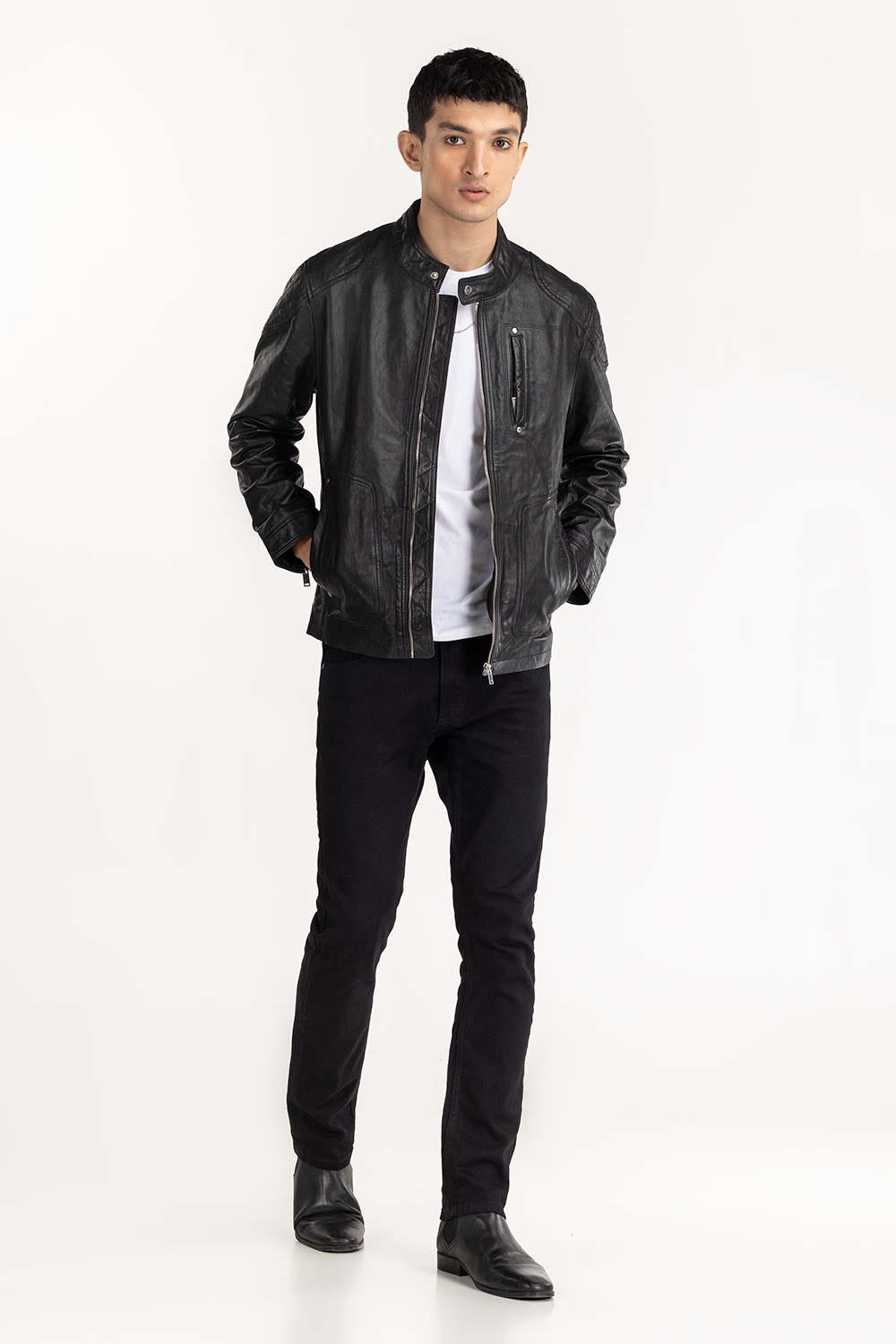 Black Leather Moto Racer Jacket JKT-LTH22-058