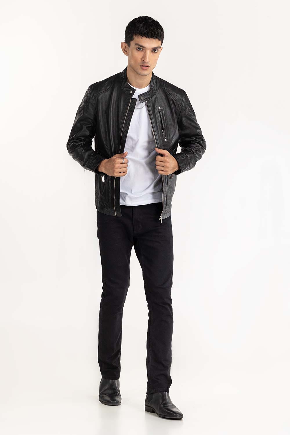 Black Leather Moto Racer Jacket JKT-LTH22-058