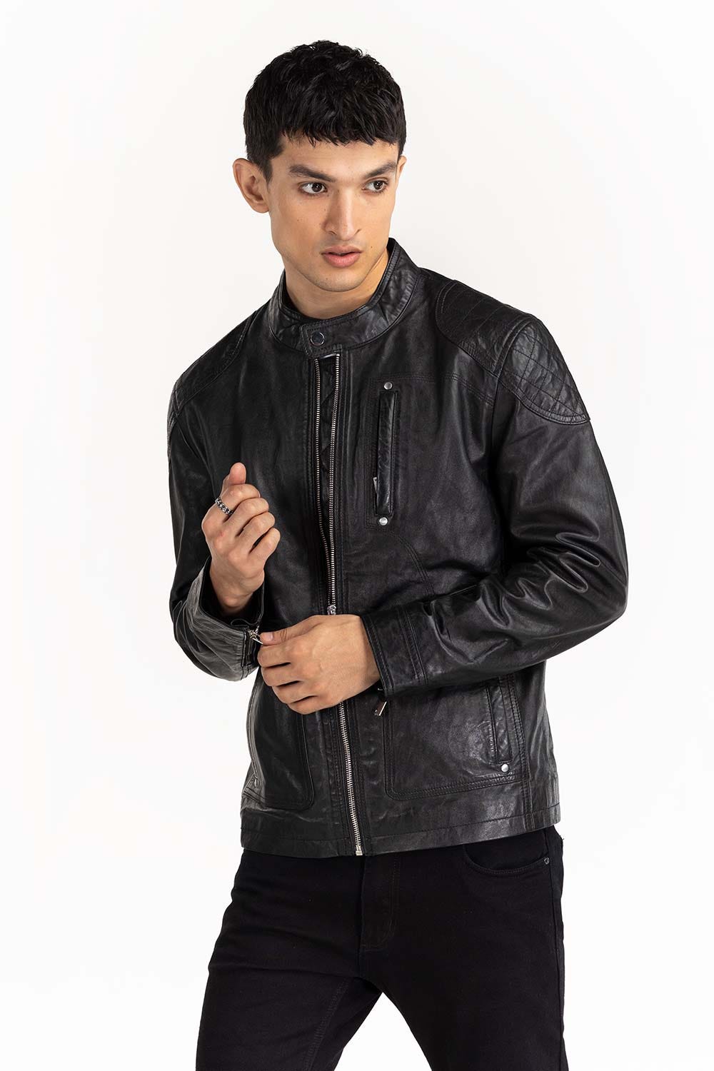 Black Leather Moto Racer Jacket JKT-LTH22-058