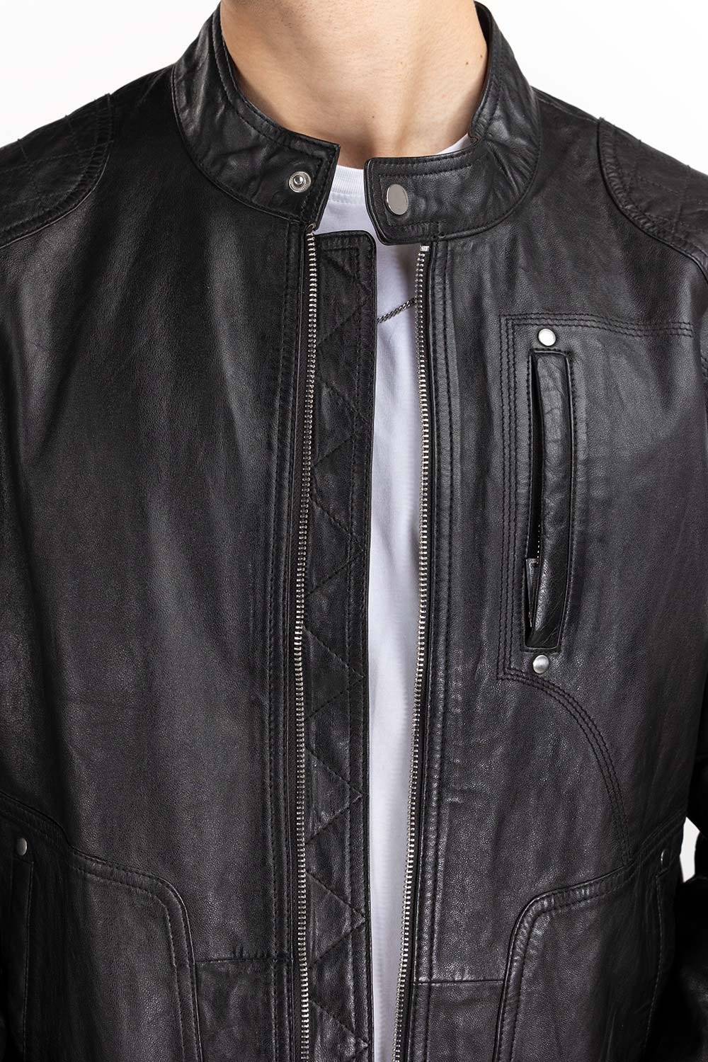 Black Leather Moto Racer Jacket JKT-LTH22-058