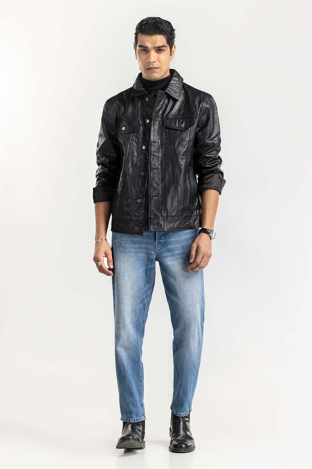 Black Leather Trucker Jacket JKT-LTH22-047
