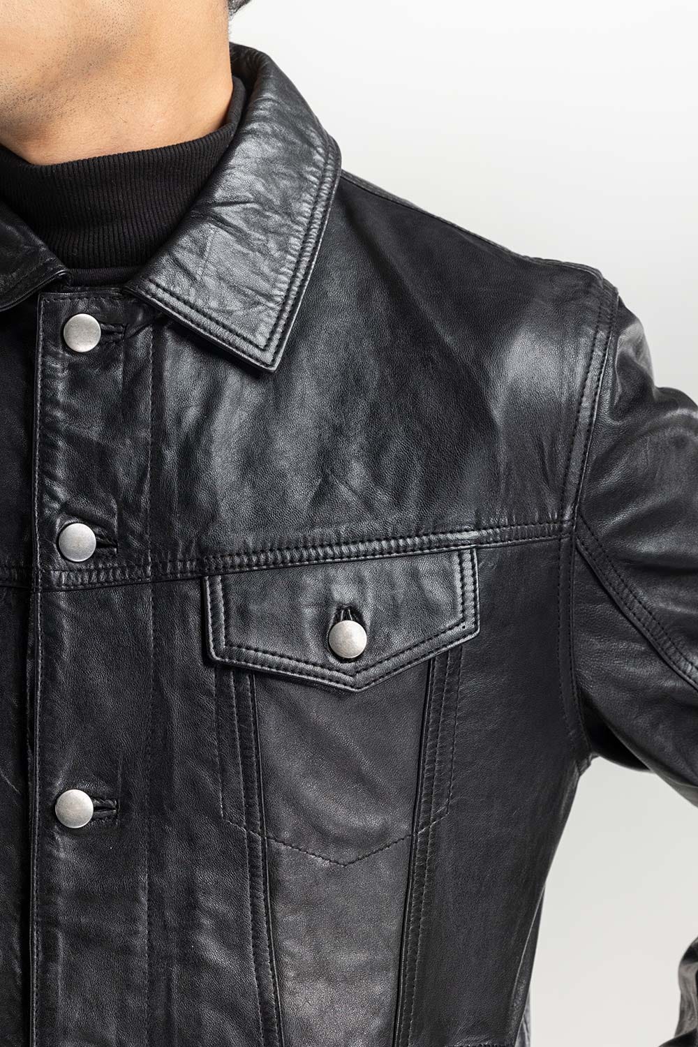 Black Leather Trucker Jacket JKT-LTH22-047