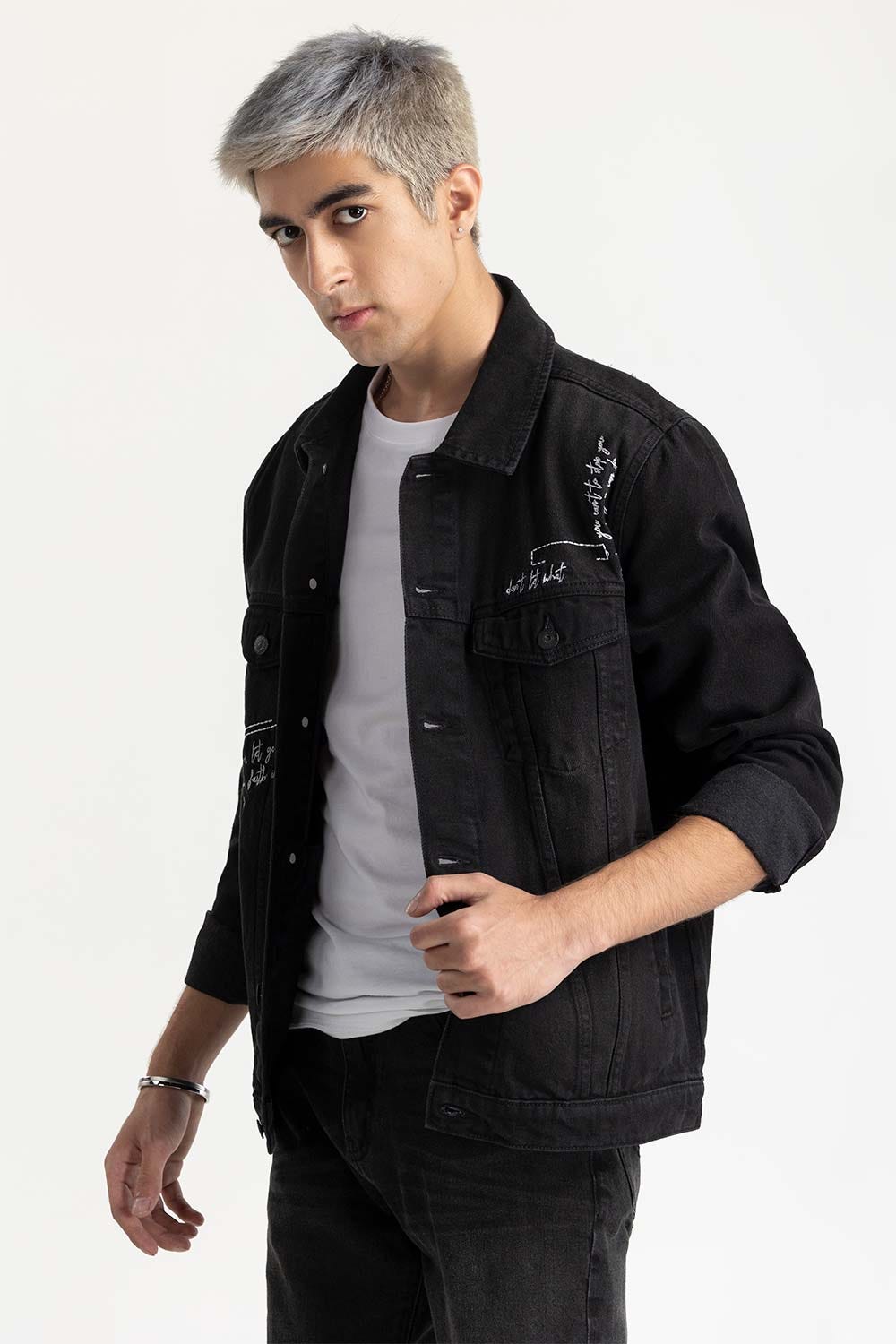 Black Embroided Denim Jacket 224-110-029