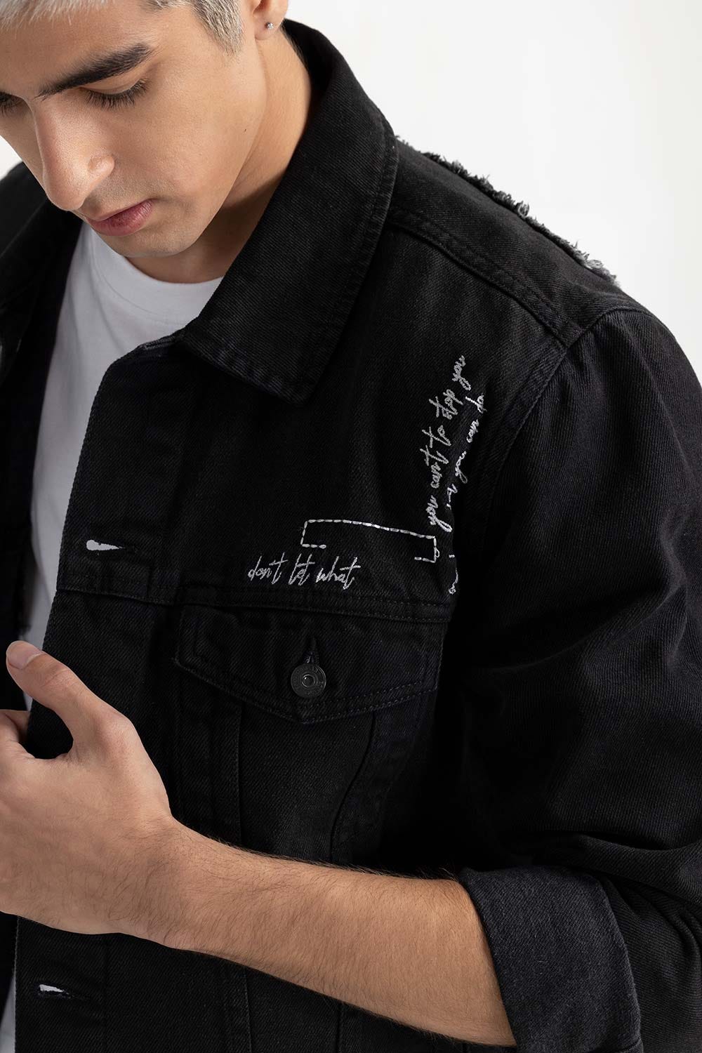 Black Embroided Denim Jacket 224-110-029