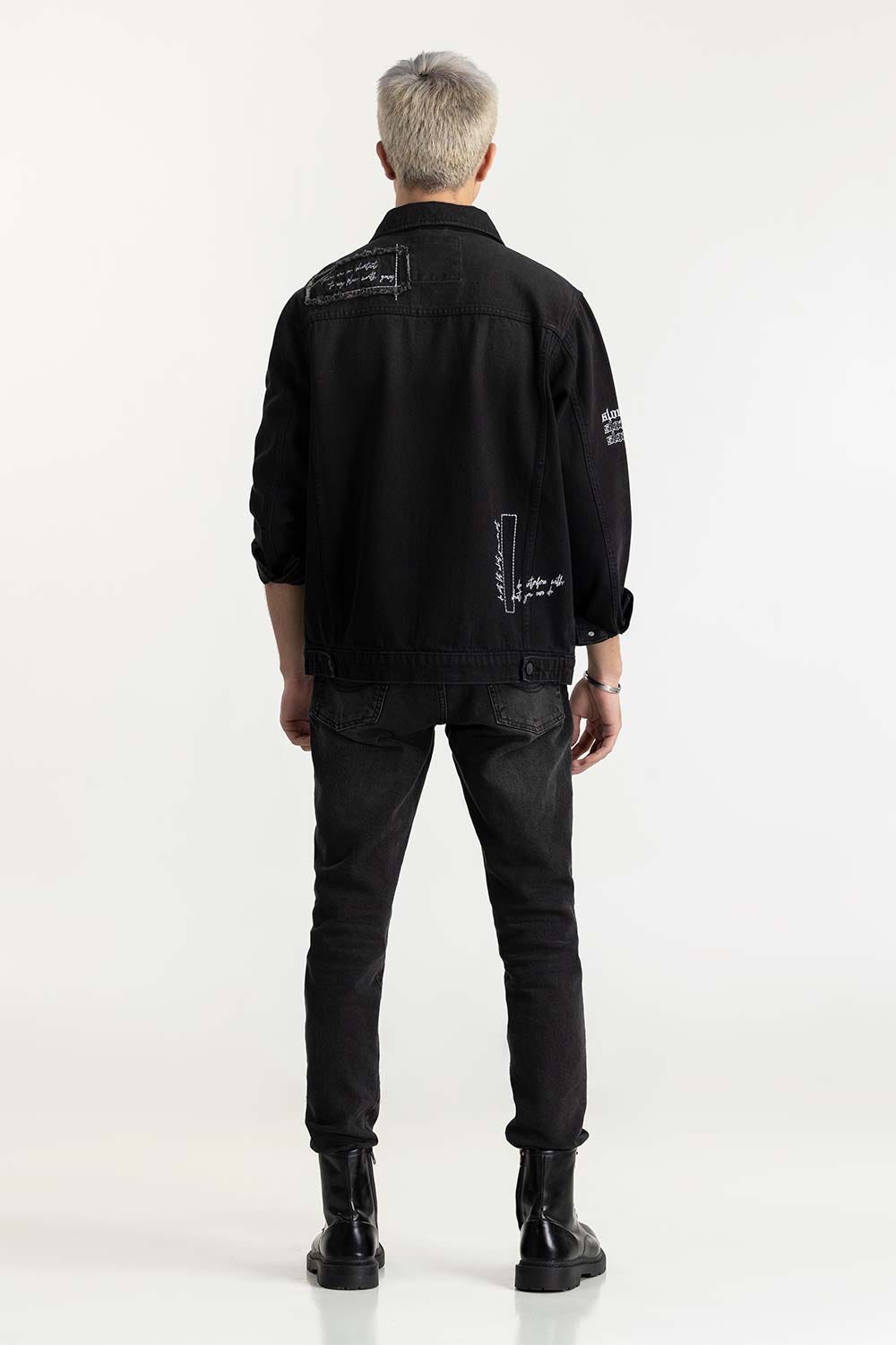 Black Embroided Denim Jacket 224-110-029