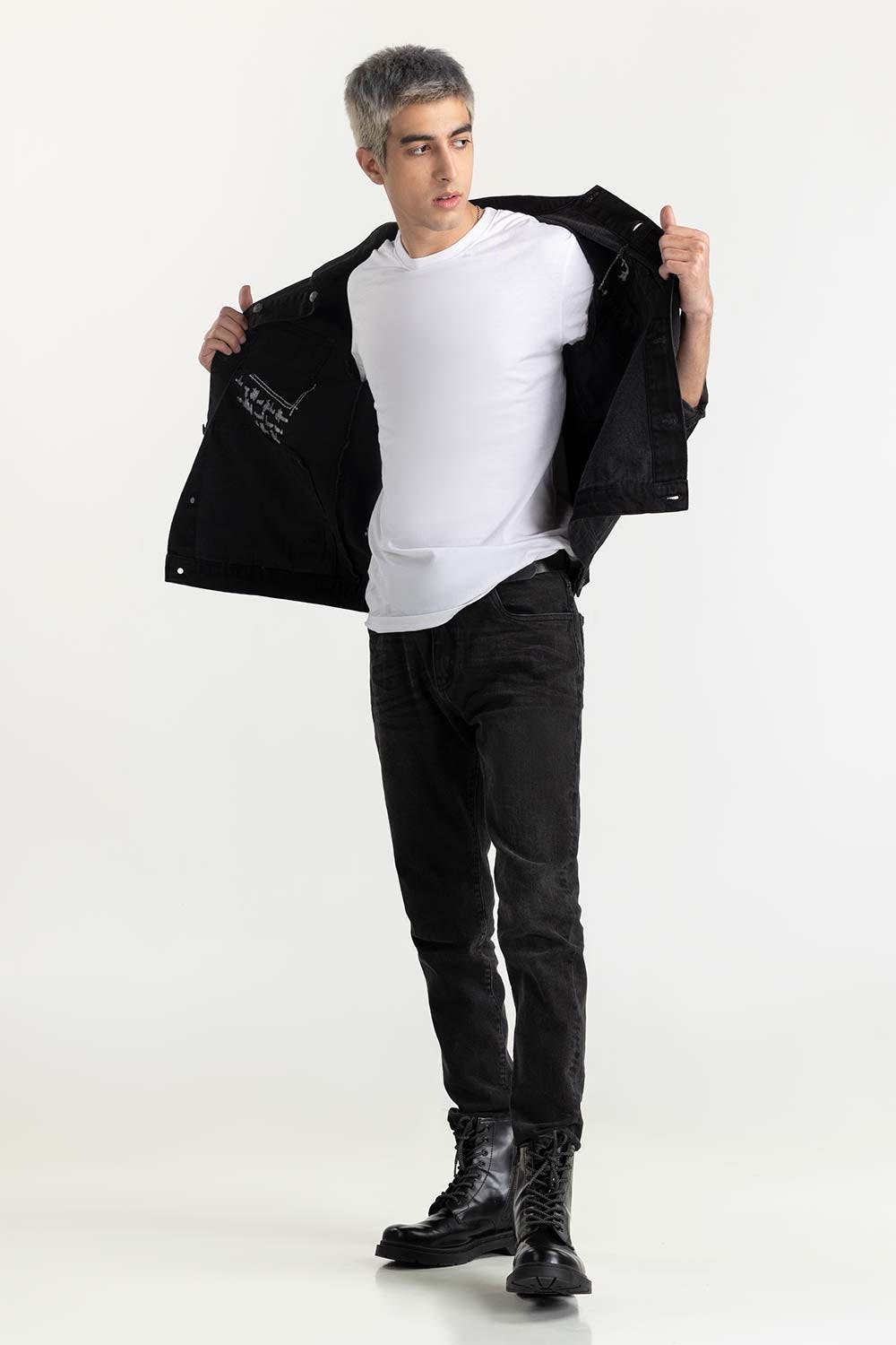 Black Embroided Denim Jacket 224-110-029