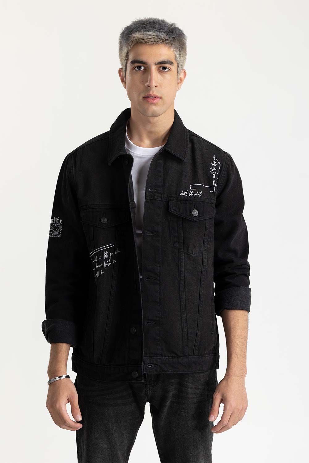 Black Embroided Denim Jacket 224-110-029