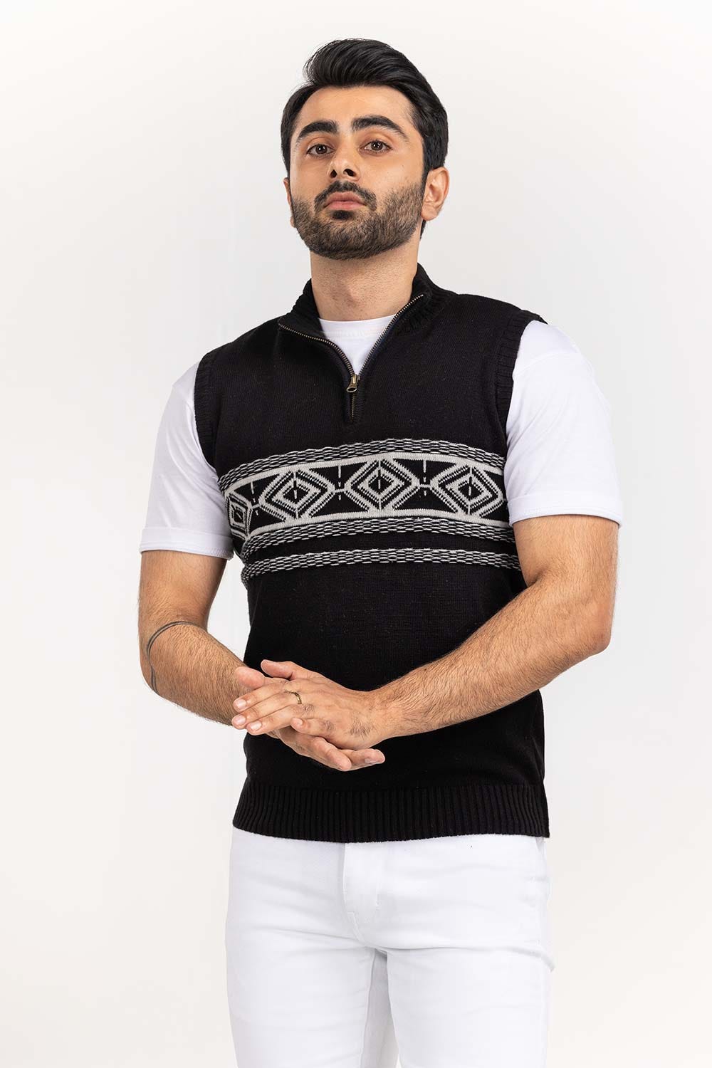 Black Navajo Mock Neck Half Zip Sleeveless Sweater SWT-FSLMNZ22-172