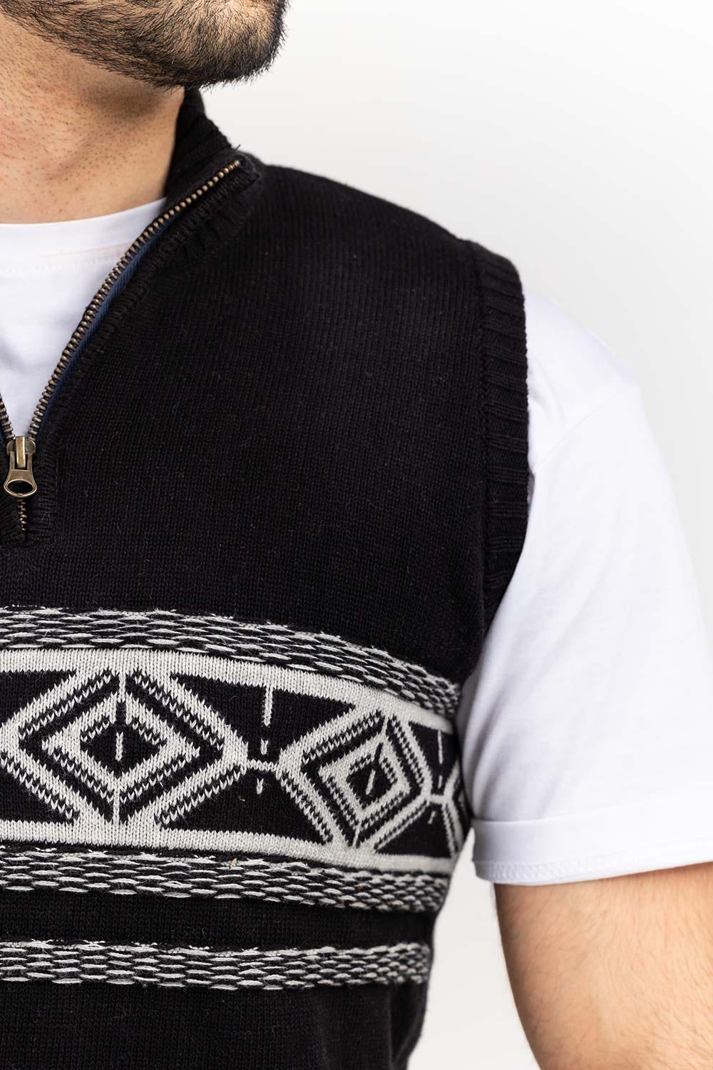 Black Navajo Mock Neck Half Zip Sleeveless Sweater SWT-FSLMNZ22-172