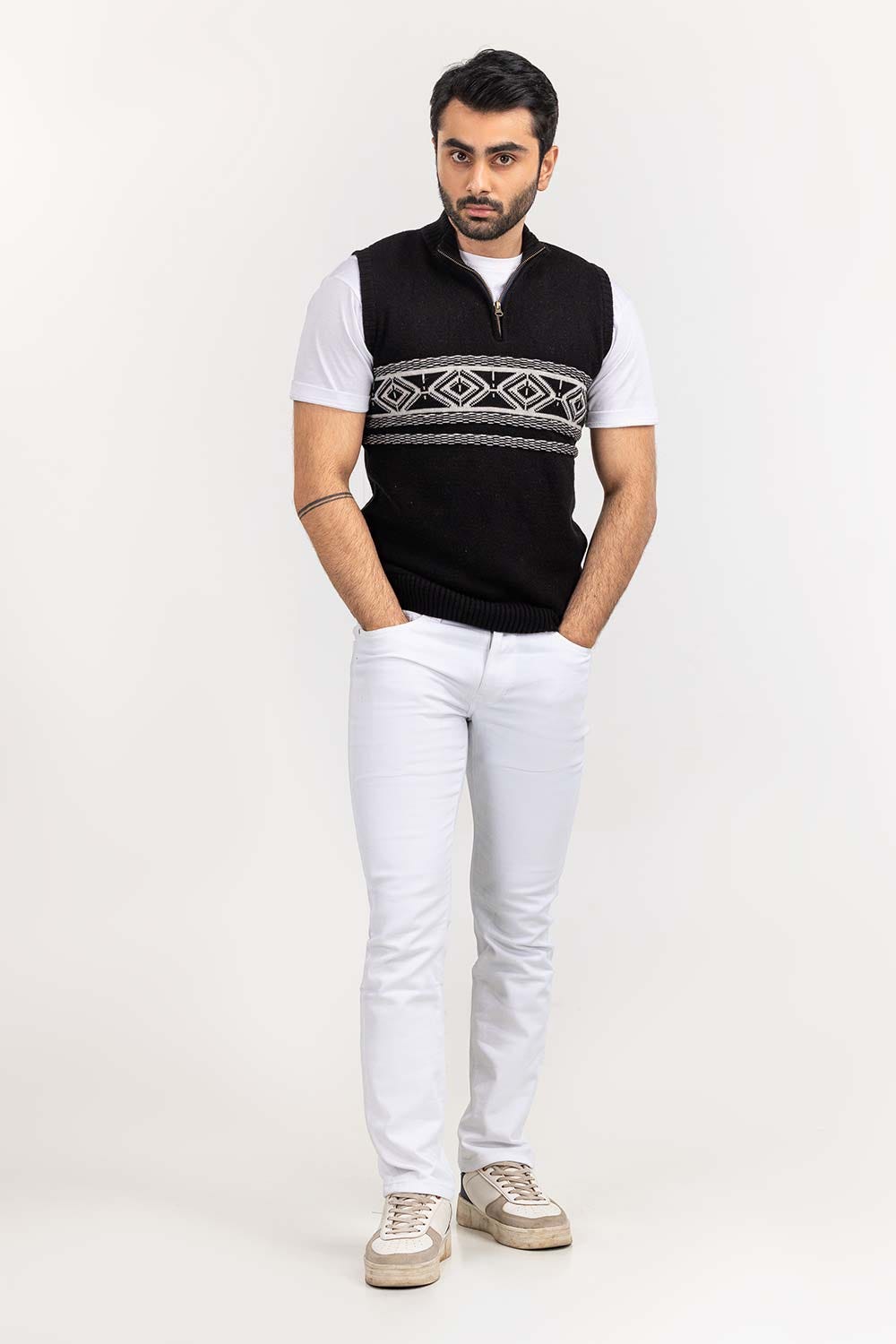 Black Navajo Mock Neck Half Zip Sleeveless Sweater SWT-FSLMNZ22-172