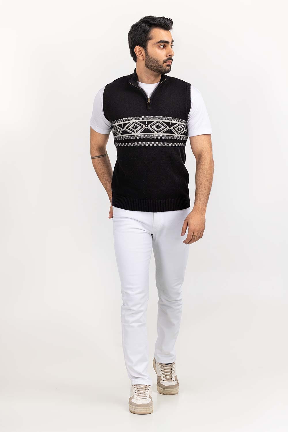 Black Navajo Mock Neck Half Zip Sleeveless Sweater SWT-FSLMNZ22-172