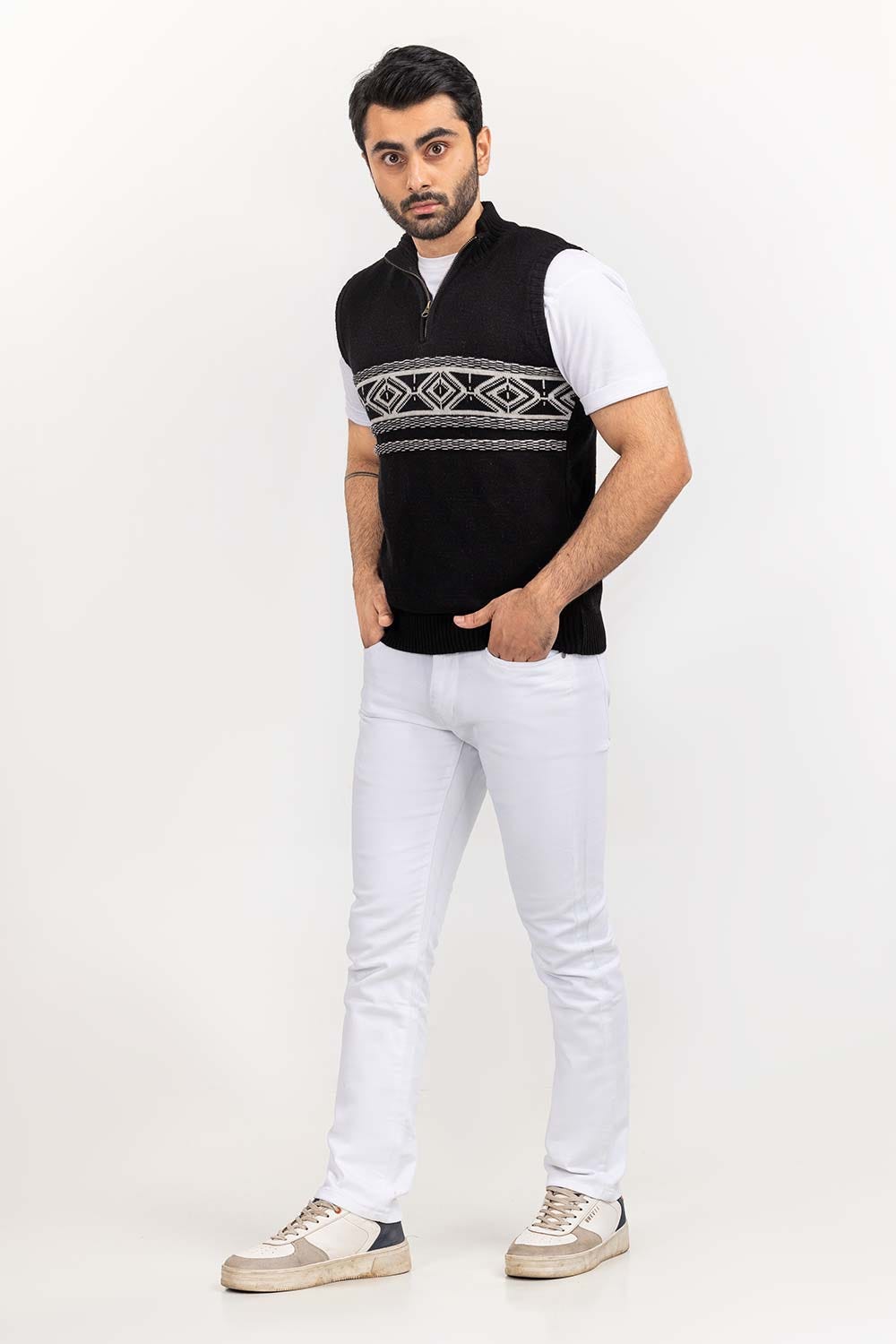 Black Navajo Mock Neck Half Zip Sleeveless Sweater SWT-FSLMNZ22-172