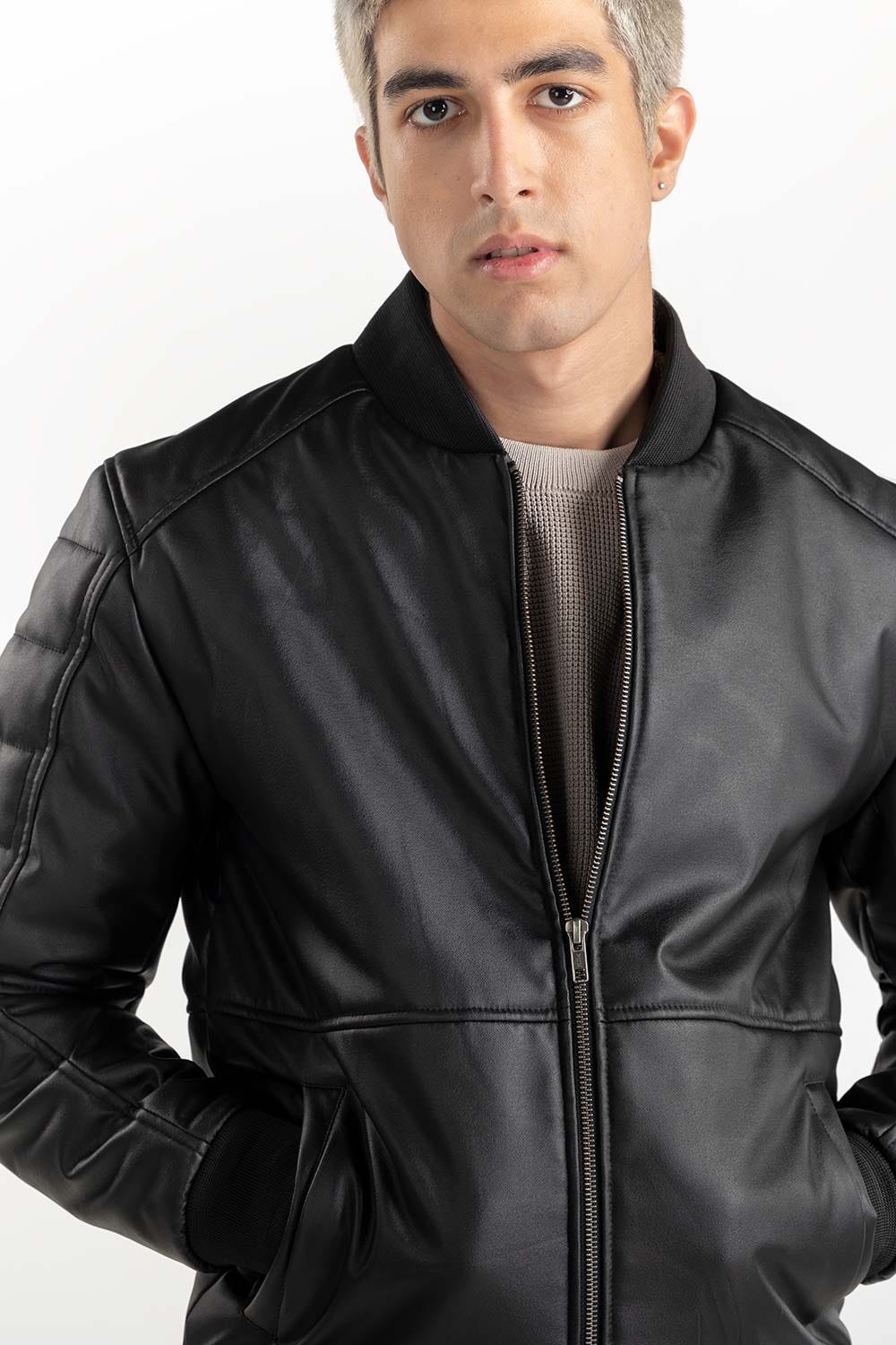 Black Puffer Leather Jacket 224-110-053