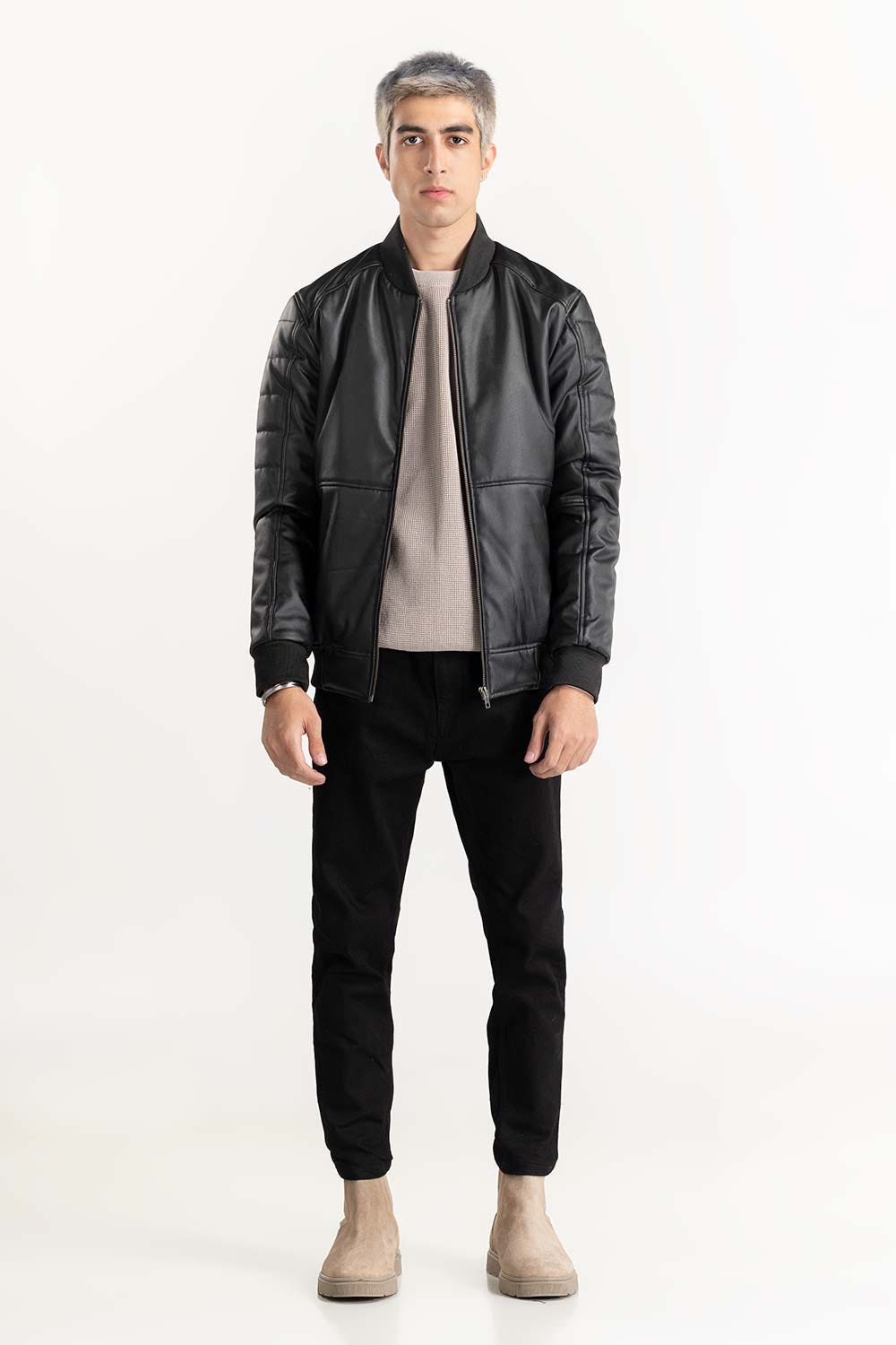 Black Puffer Leather Jacket 224-110-053