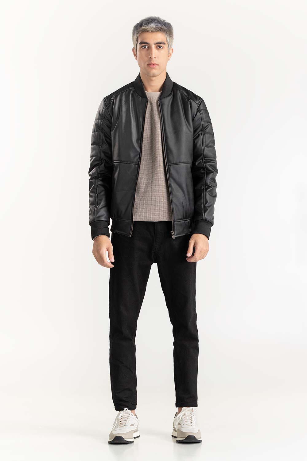 Black Puffer Leather Jacket 224-110-053