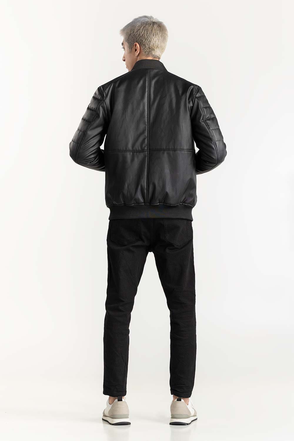 Black Puffer Leather Jacket 224-110-053