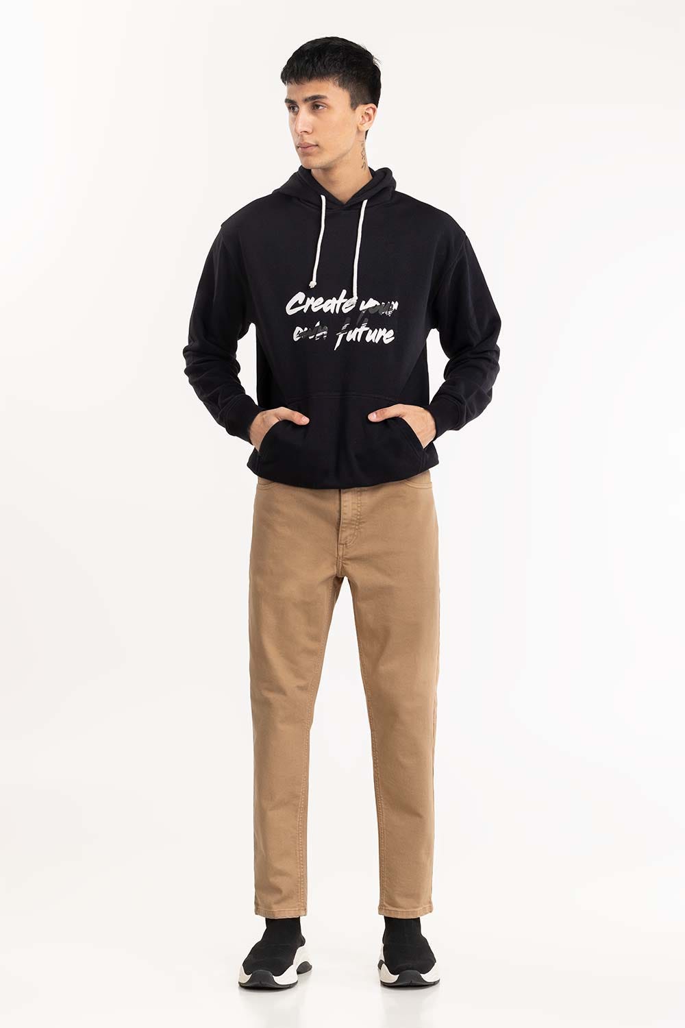 Black Slogan Print Hoodie 224-112-018